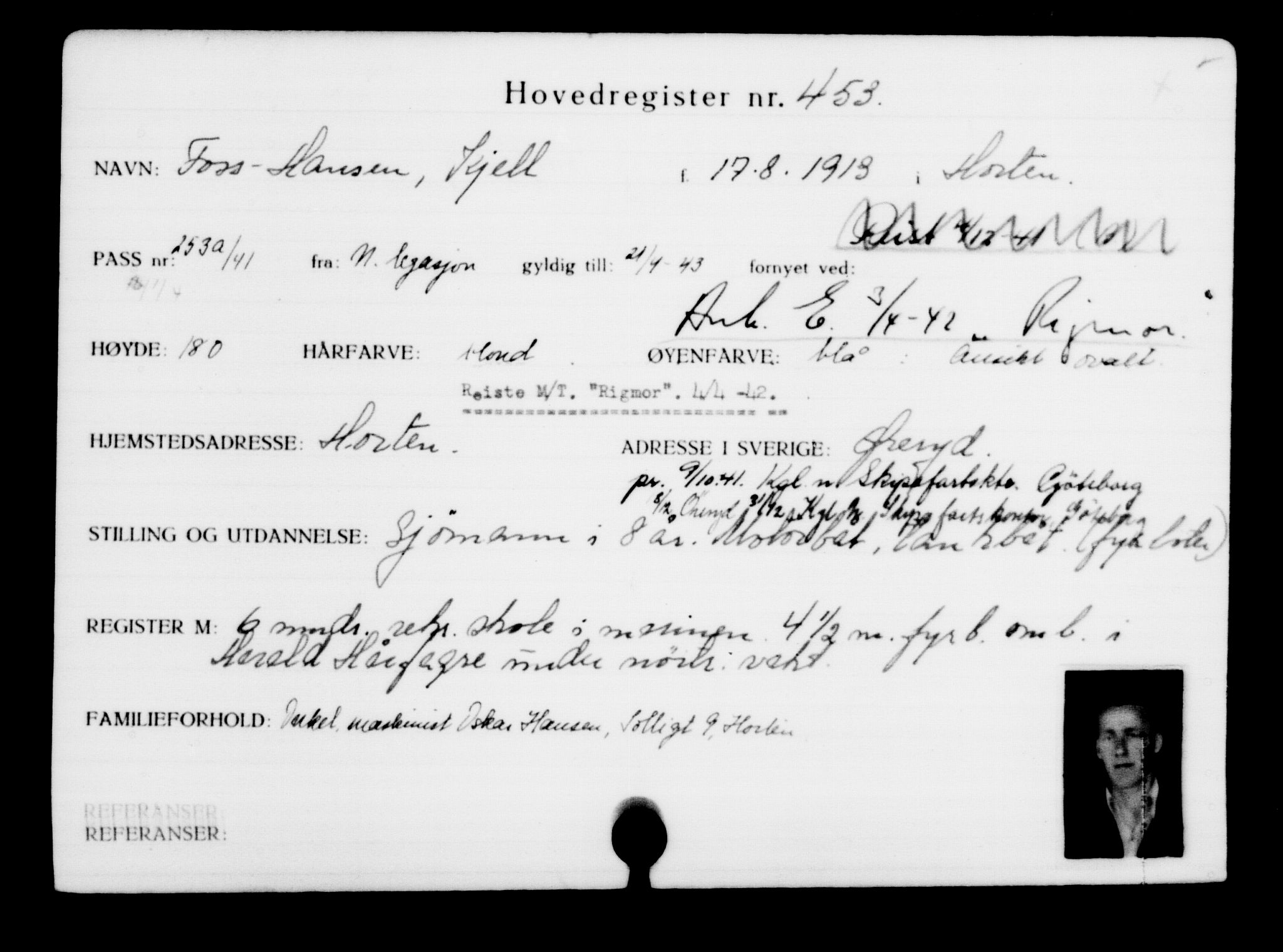 Utenriksstasjonene, Legasjonen i Stockholm, Flyktningkontoret, AV/RA-S-6753/V/Va/L0001: Kjesäterkartoteket, flyktninger med registreringsnr. 1-1000, 1940-1945, p. 705