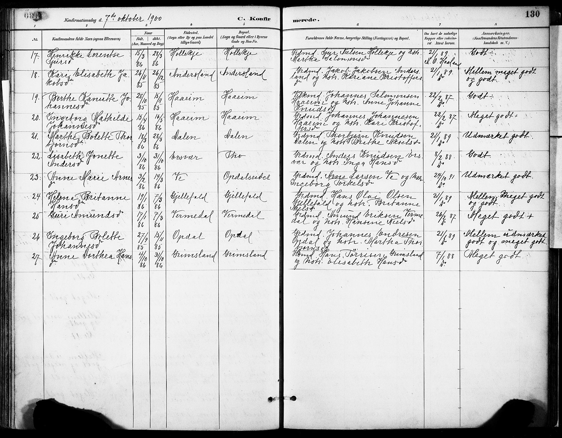 Tysnes sokneprestembete, SAB/A-78601/H/Haa: Parish register (official) no. D 1, 1887-1904, p. 130