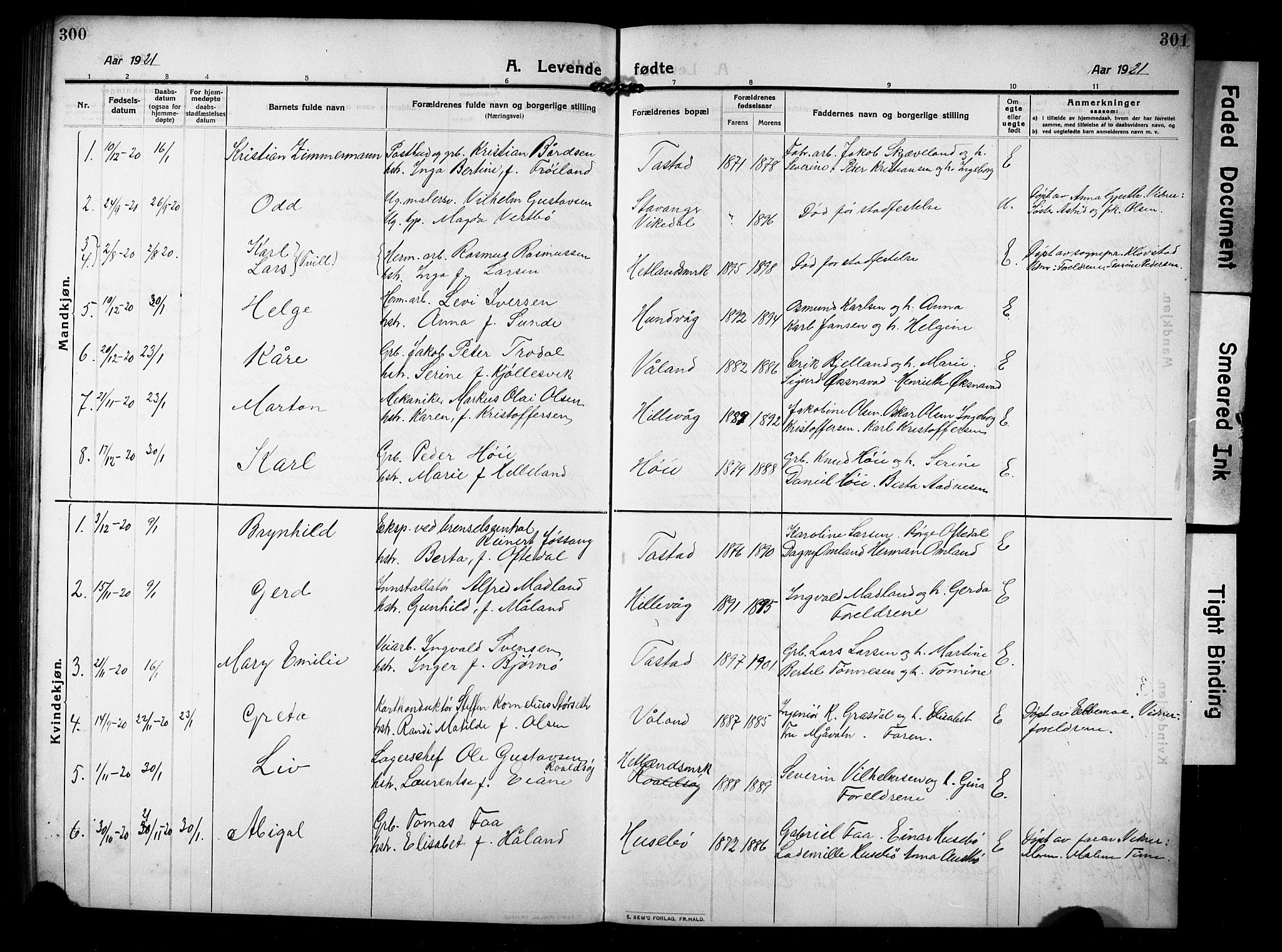 Hetland sokneprestkontor, SAST/A-101826/30/30BB/L0008: Parish register (copy) no. B 8, 1910-1921, p. 300-301