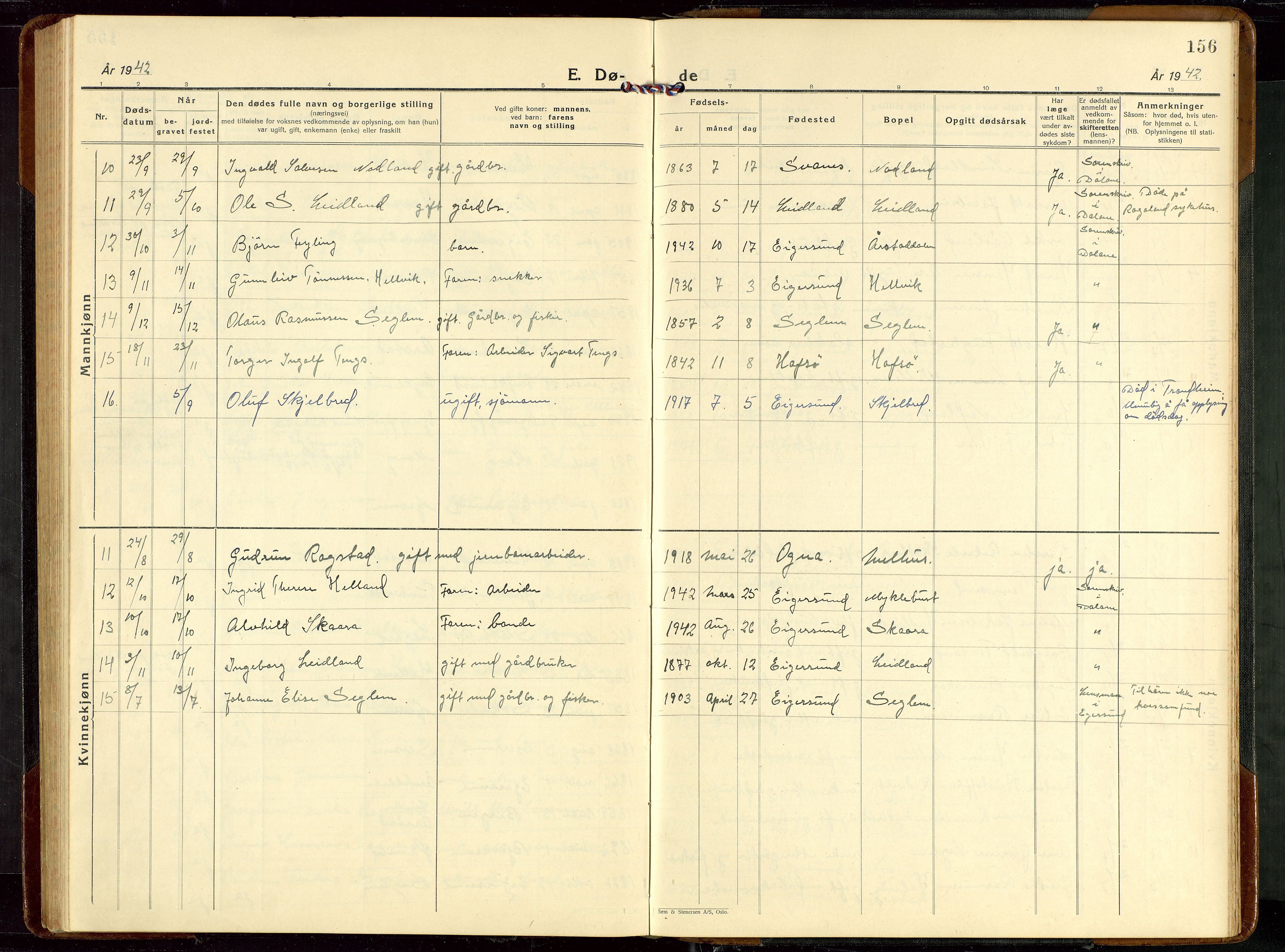 Eigersund sokneprestkontor, AV/SAST-A-101807/S09/L0013: Parish register (copy) no. B 13, 1931-1949, p. 156