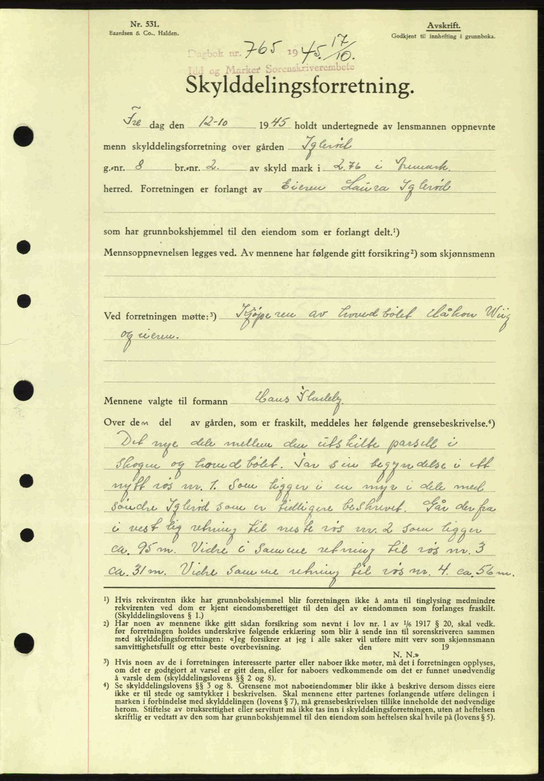 Idd og Marker sorenskriveri, AV/SAO-A-10283/G/Gb/Gbb/L0007: Mortgage book no. A7, 1944-1945, Diary no: : 765/1945