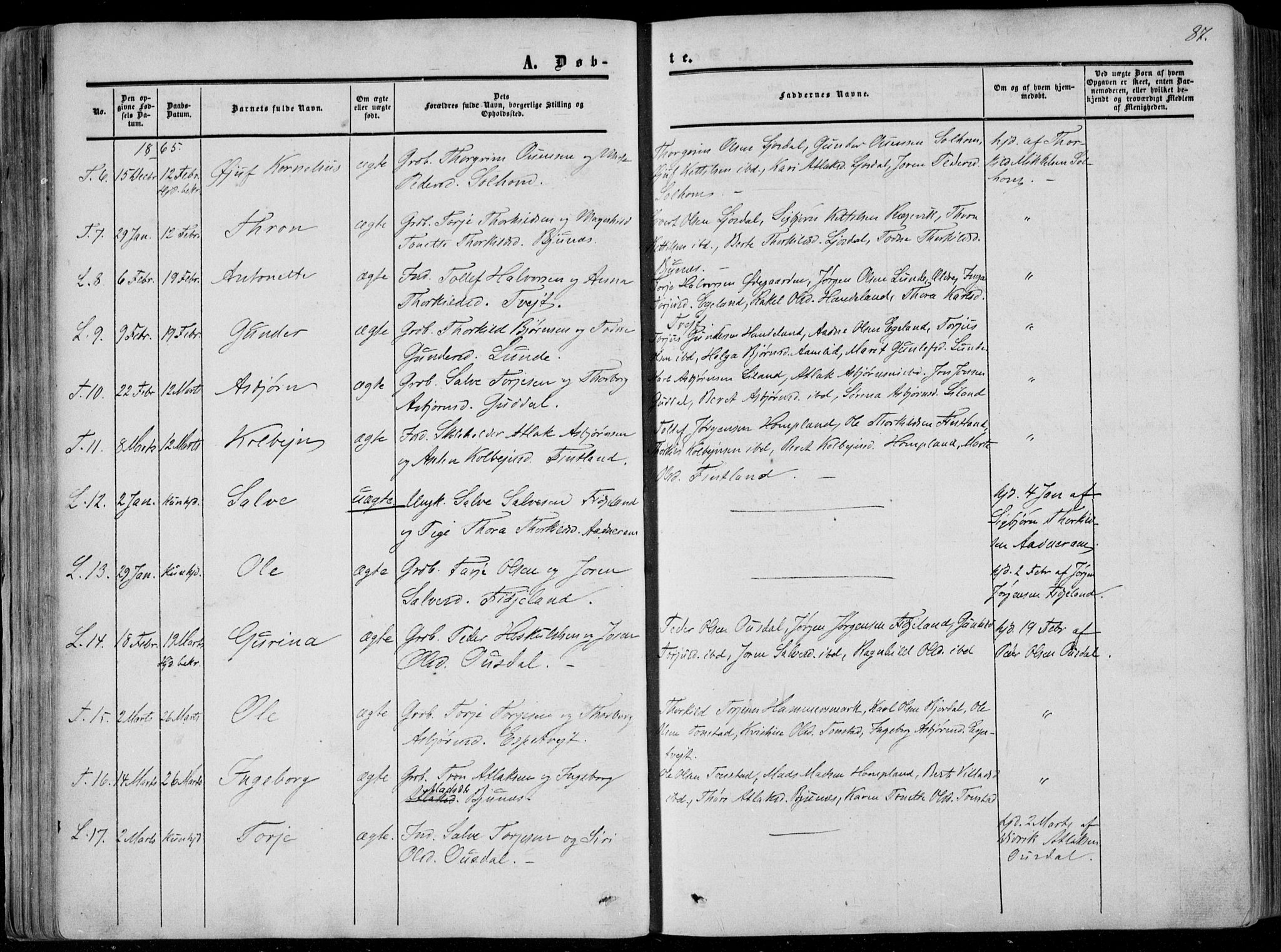 Sirdal sokneprestkontor, SAK/1111-0036/F/Fa/Fab/L0002: Parish register (official) no. A 2, 1855-1874, p. 87