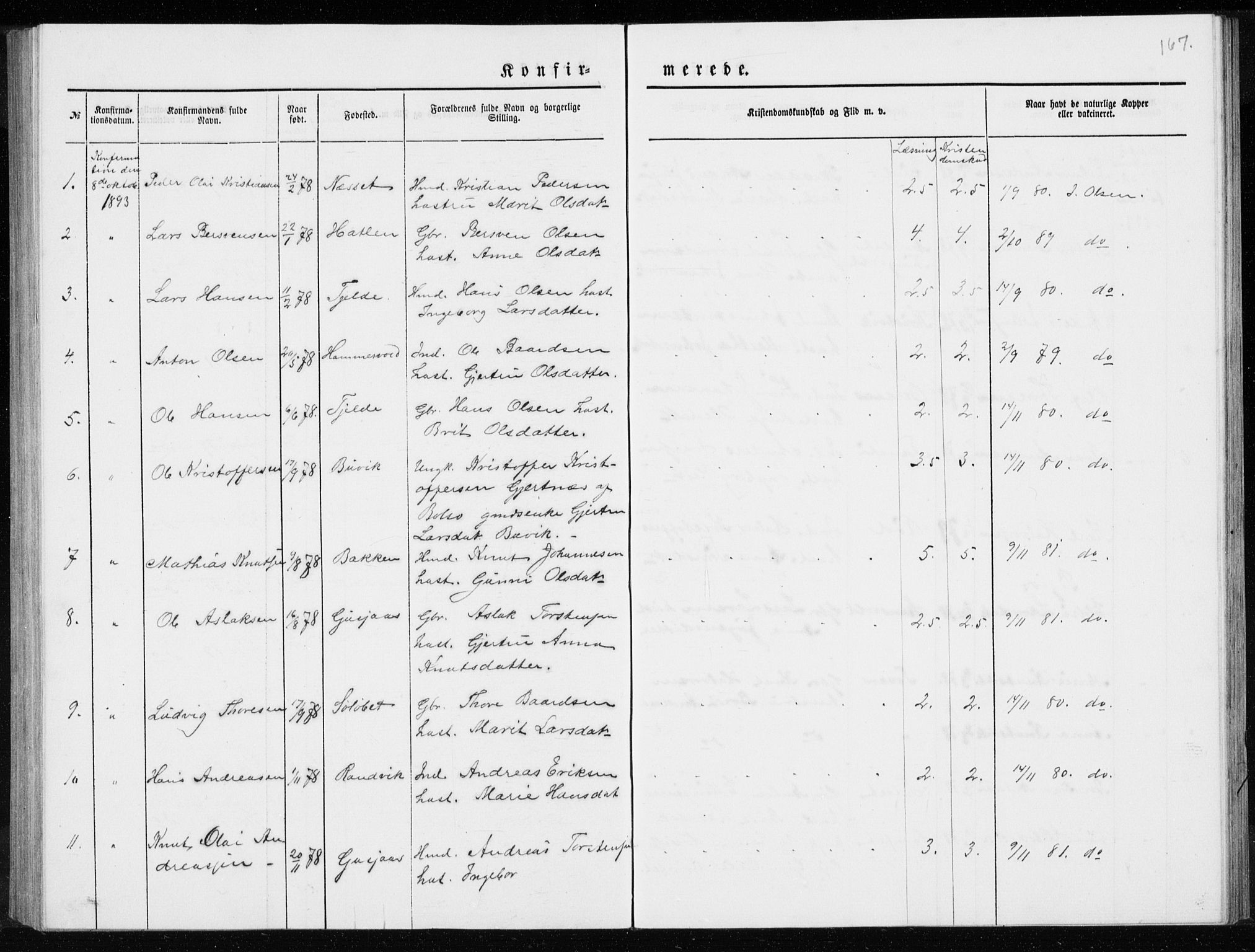 Ministerialprotokoller, klokkerbøker og fødselsregistre - Møre og Romsdal, SAT/A-1454/551/L0631: Parish register (copy) no. 551C03, 1886-1894, p. 167