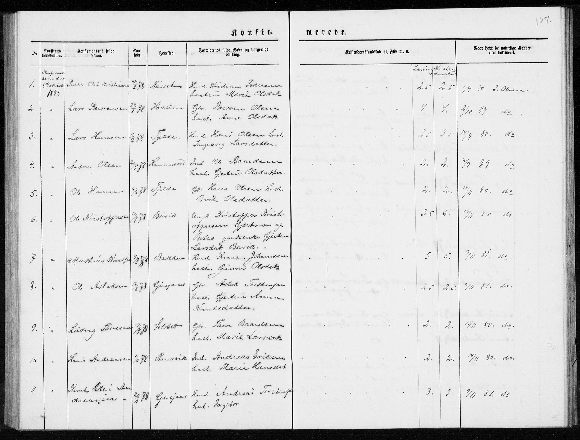 Ministerialprotokoller, klokkerbøker og fødselsregistre - Møre og Romsdal, AV/SAT-A-1454/551/L0631: Parish register (copy) no. 551C03, 1886-1894, p. 167