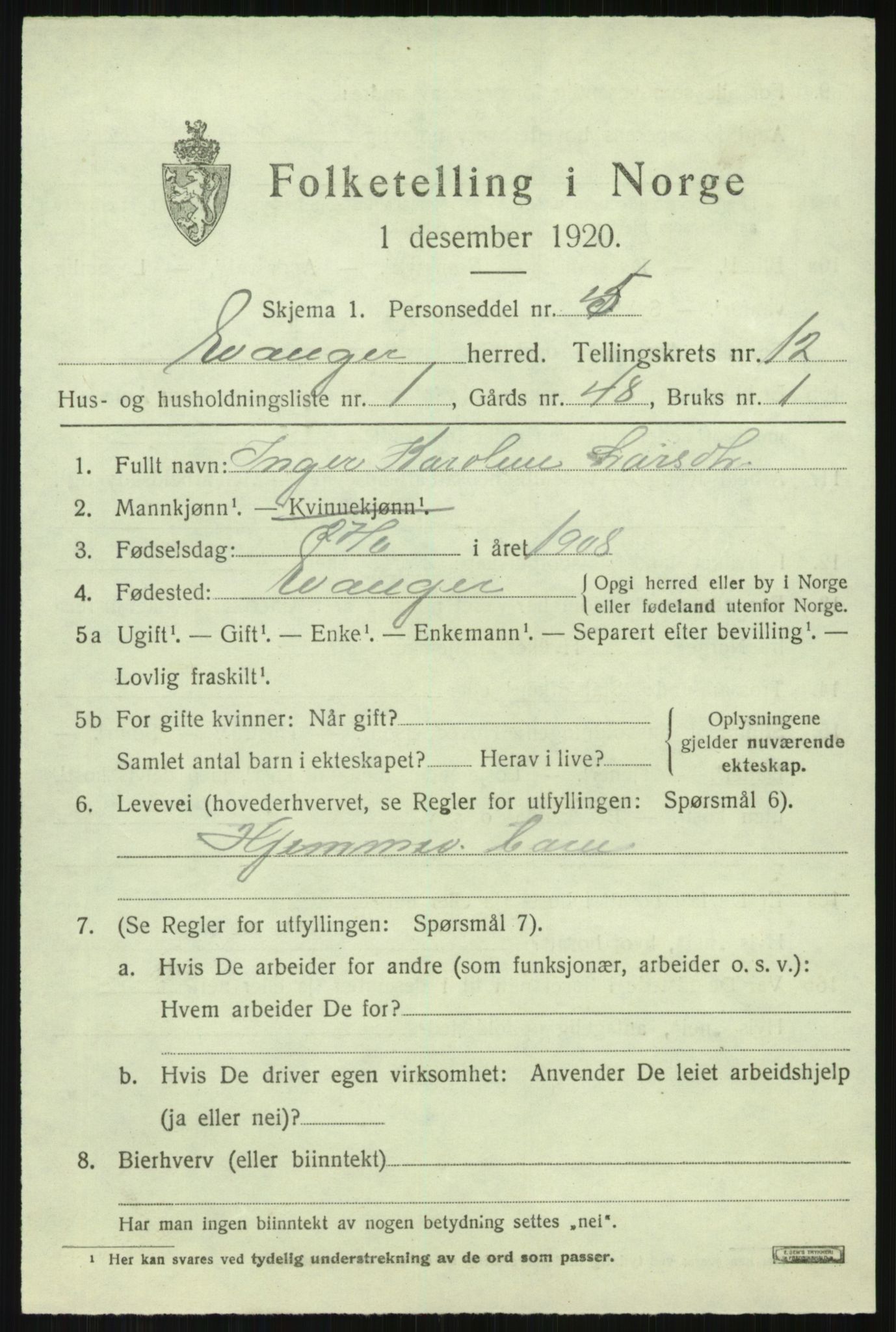 SAB, 1920 census for Evanger, 1920, p. 3657