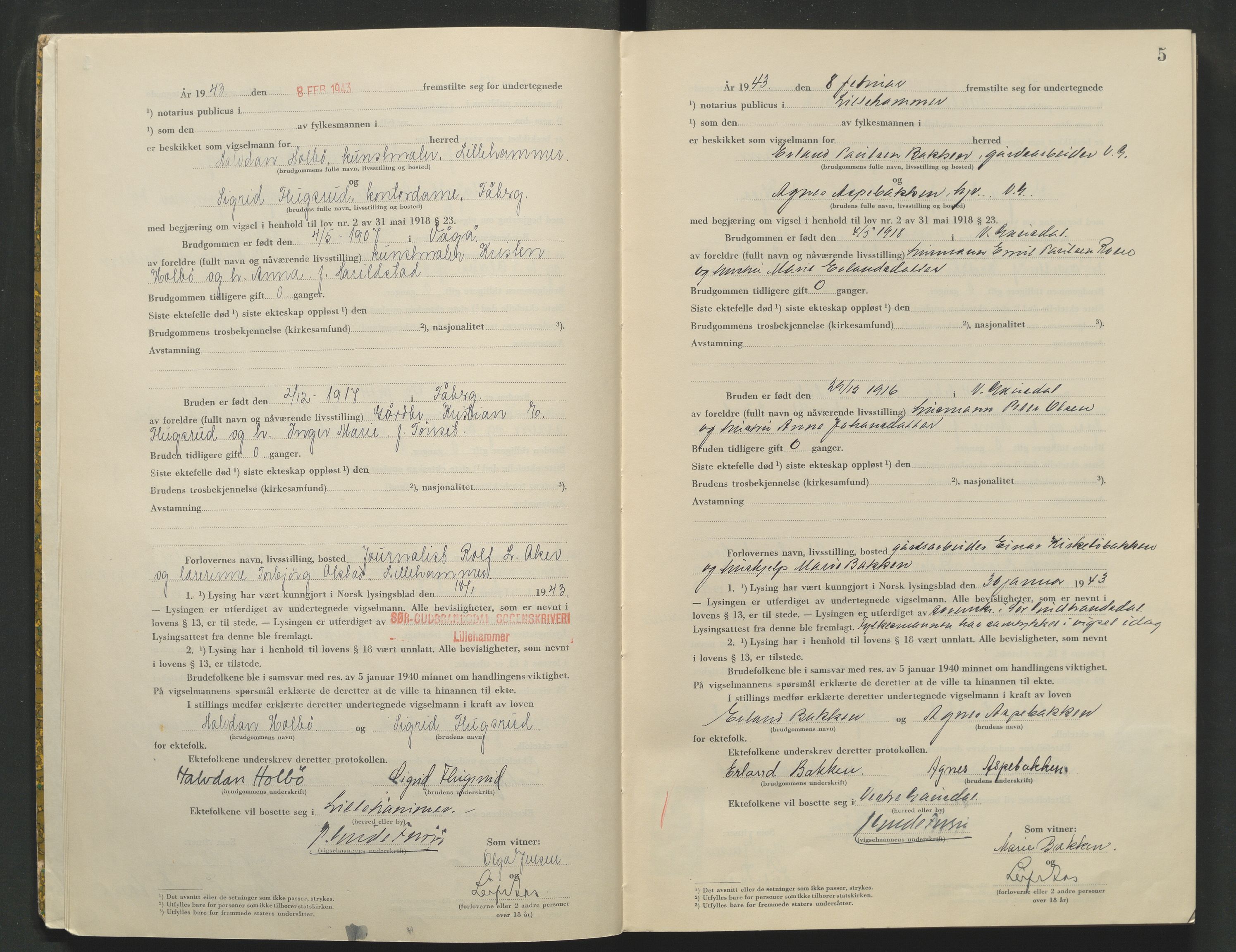 Sør-Gudbrandsdal tingrett, AV/SAH-TING-004/L/Lc/L0003: Vigselsprotokoll, 1943, p. 5