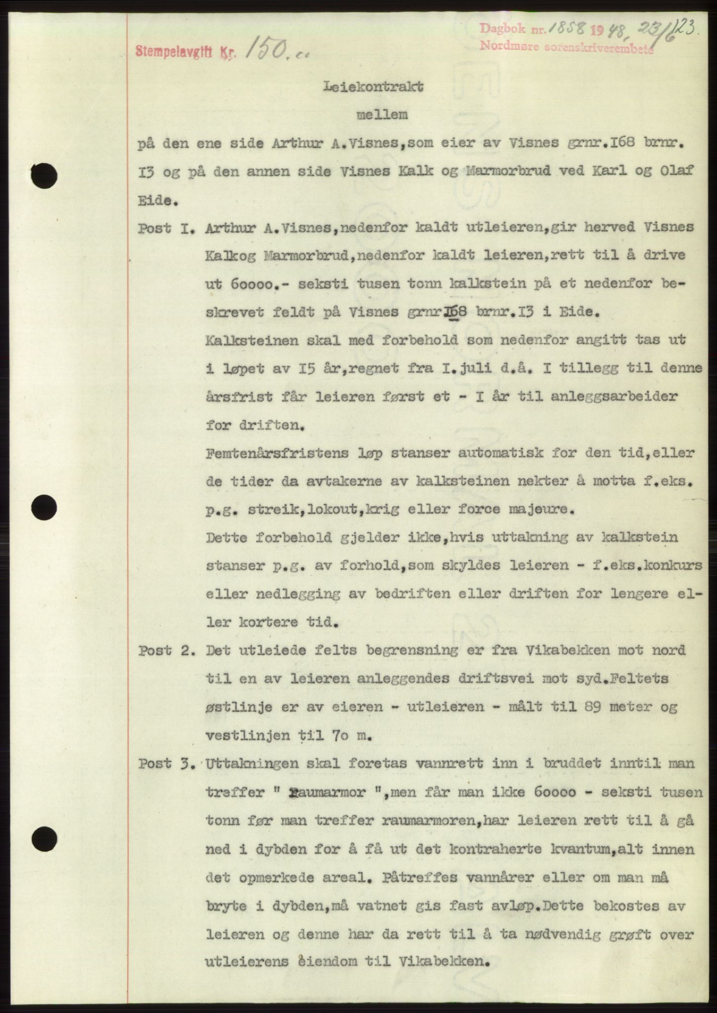 Nordmøre sorenskriveri, AV/SAT-A-4132/1/2/2Ca: Mortgage book no. B99, 1948-1948, Diary no: : 1858/1948