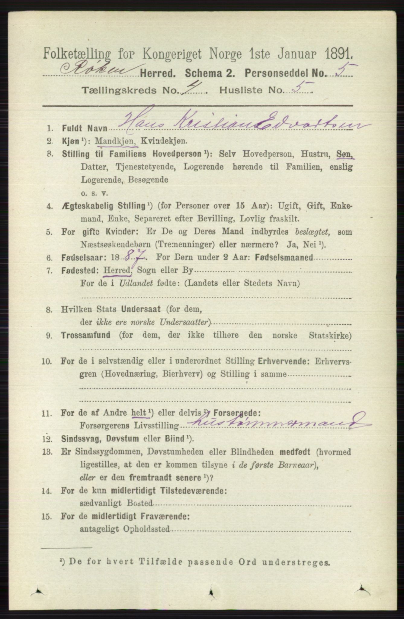 RA, 1891 census for 0627 Røyken, 1891, p. 1887