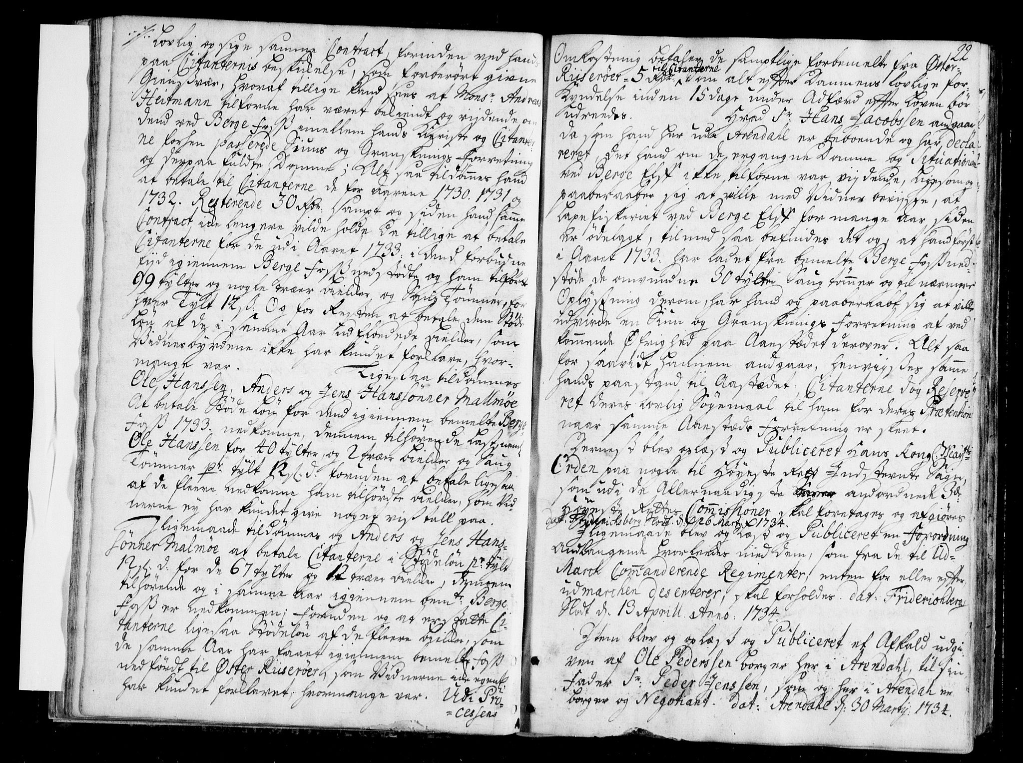 Arendal byfogd, AV/SAK-1222-0001/F/Fa/L0006: Justisprotokoll for Arendal og Risør, 1734-1736, p. 21b-22a