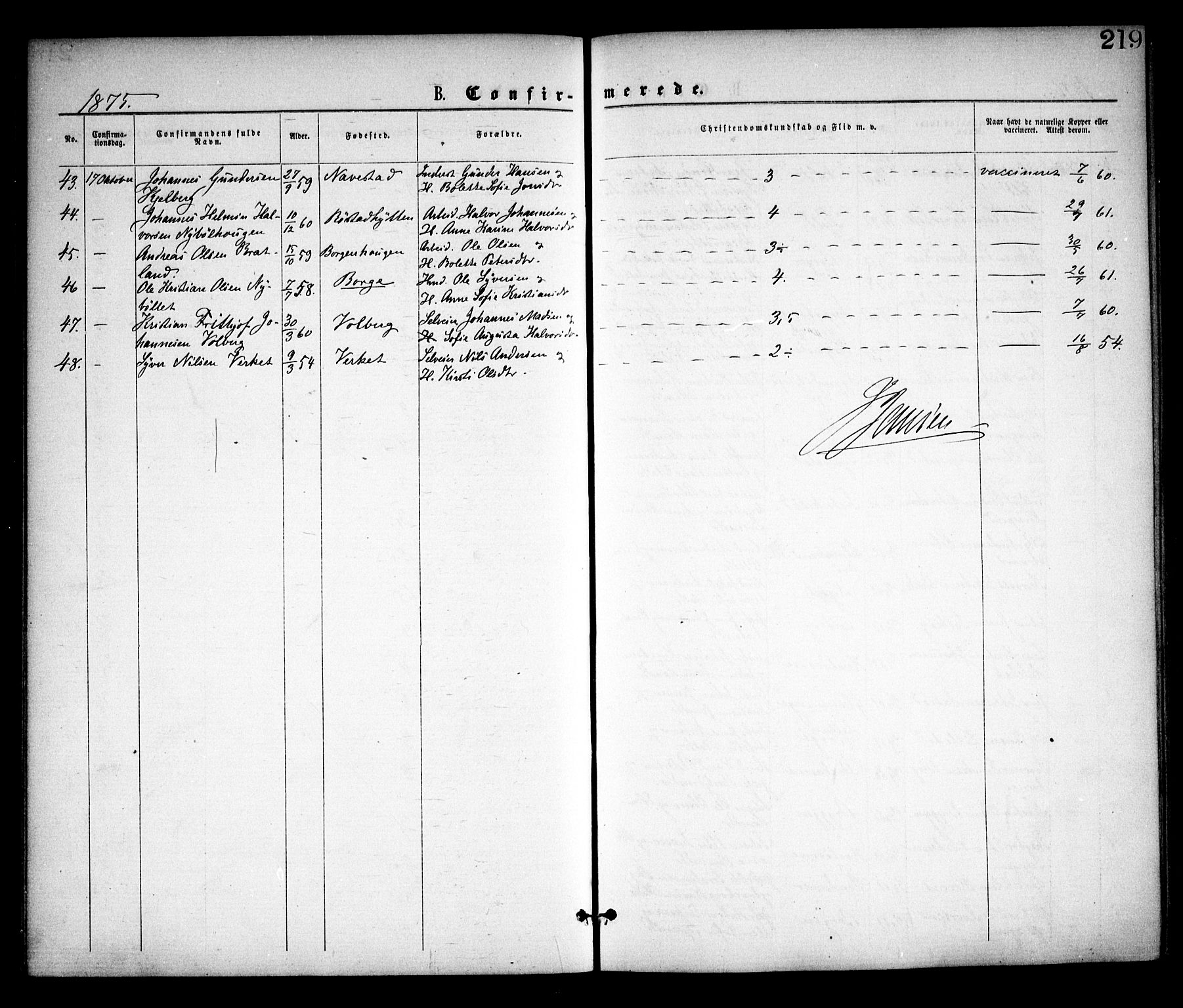 Skjeberg prestekontor Kirkebøker, SAO/A-10923/F/Fa/L0008: Parish register (official) no. I 8, 1869-1885, p. 219