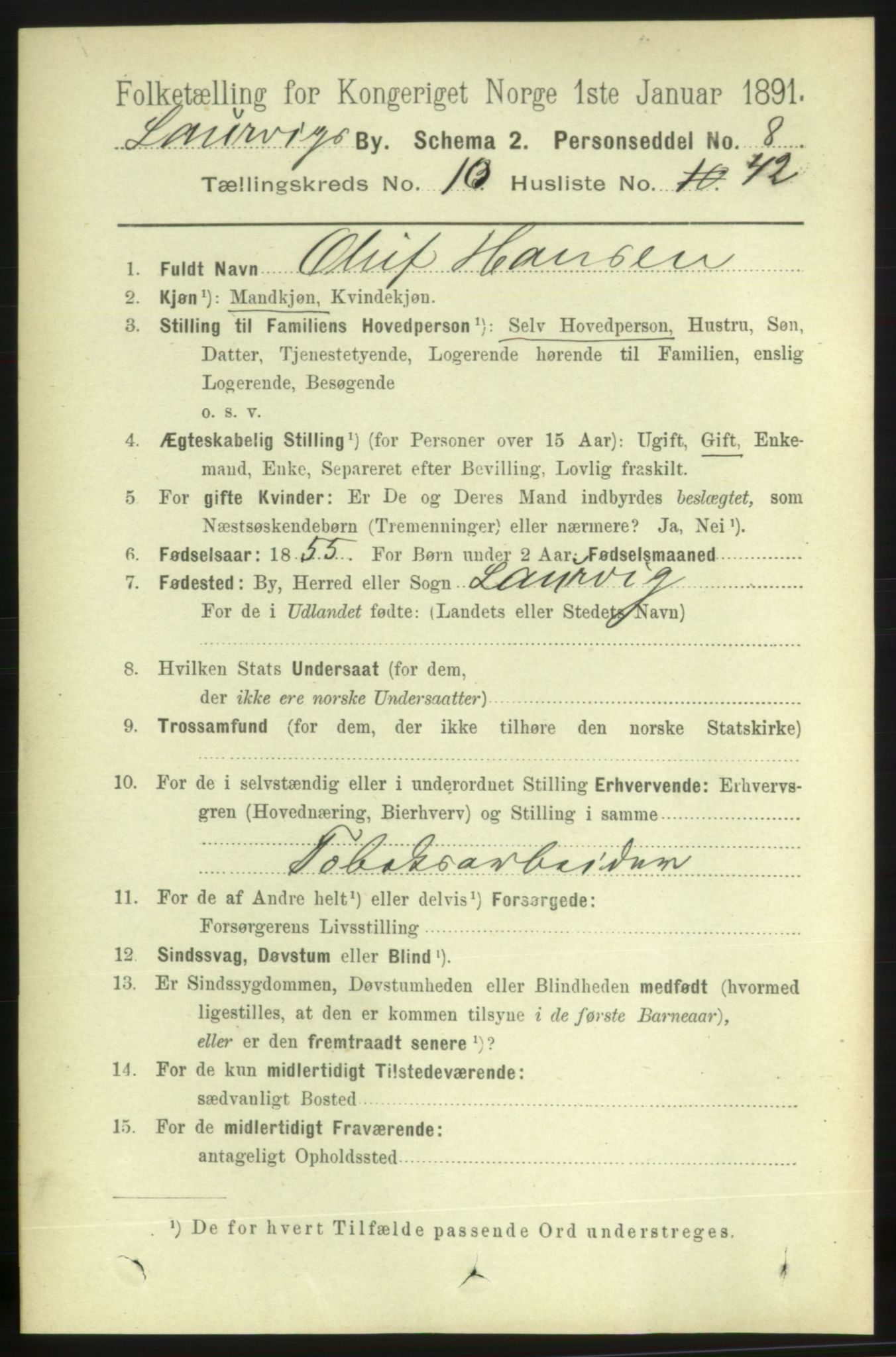 RA, 1891 census for 0707 Larvik, 1891, p. 9452