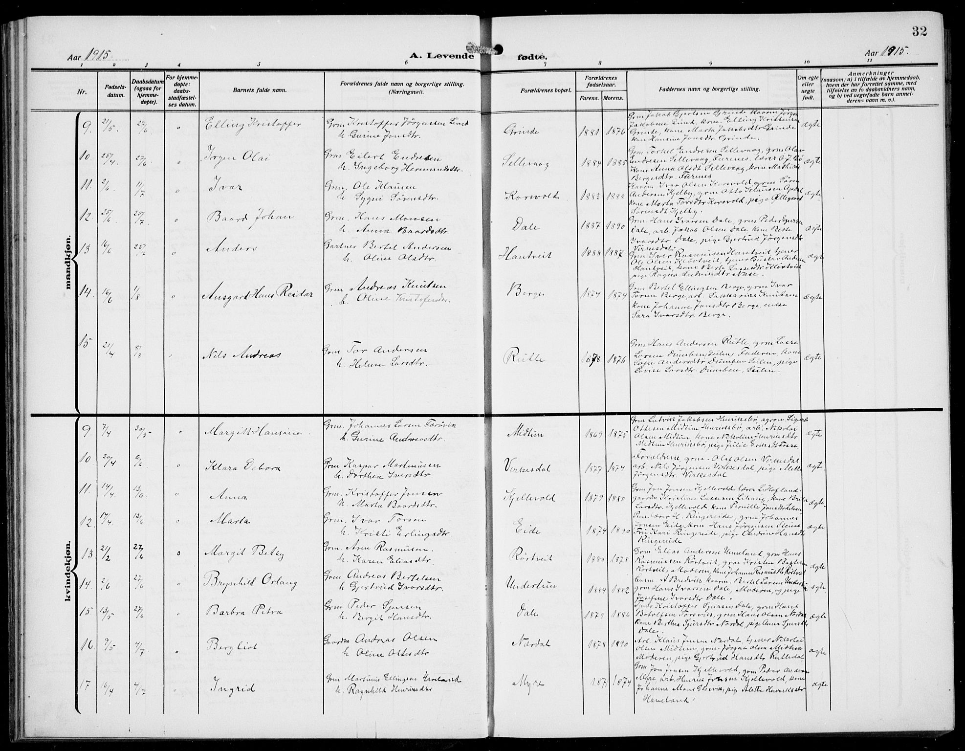Gulen sokneprestembete, AV/SAB-A-80201/H/Hab/Habb/L0004: Parish register (copy) no. B 4, 1908-1936, p. 32