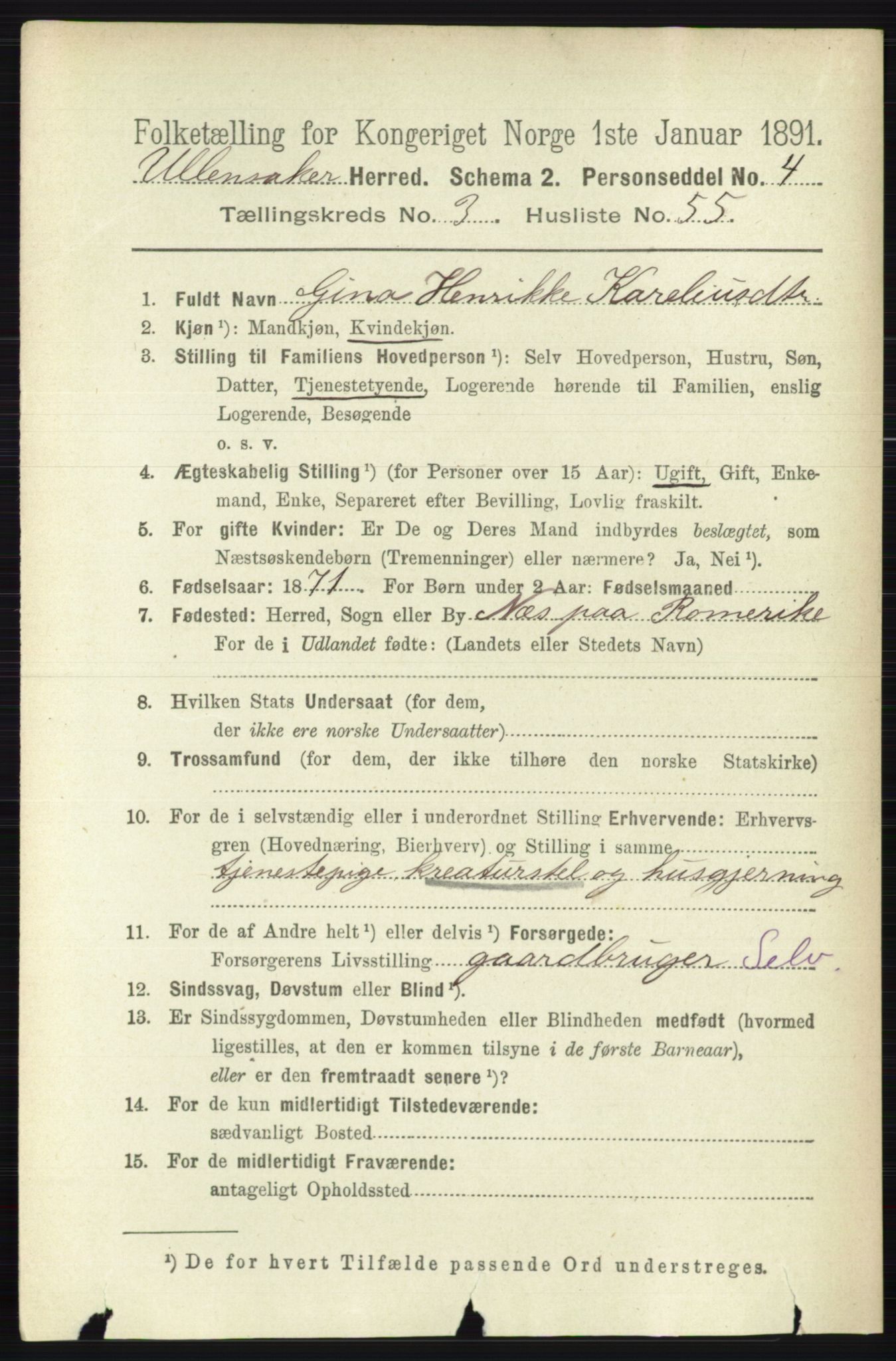 RA, 1891 census for 0235 Ullensaker, 1891, p. 1431