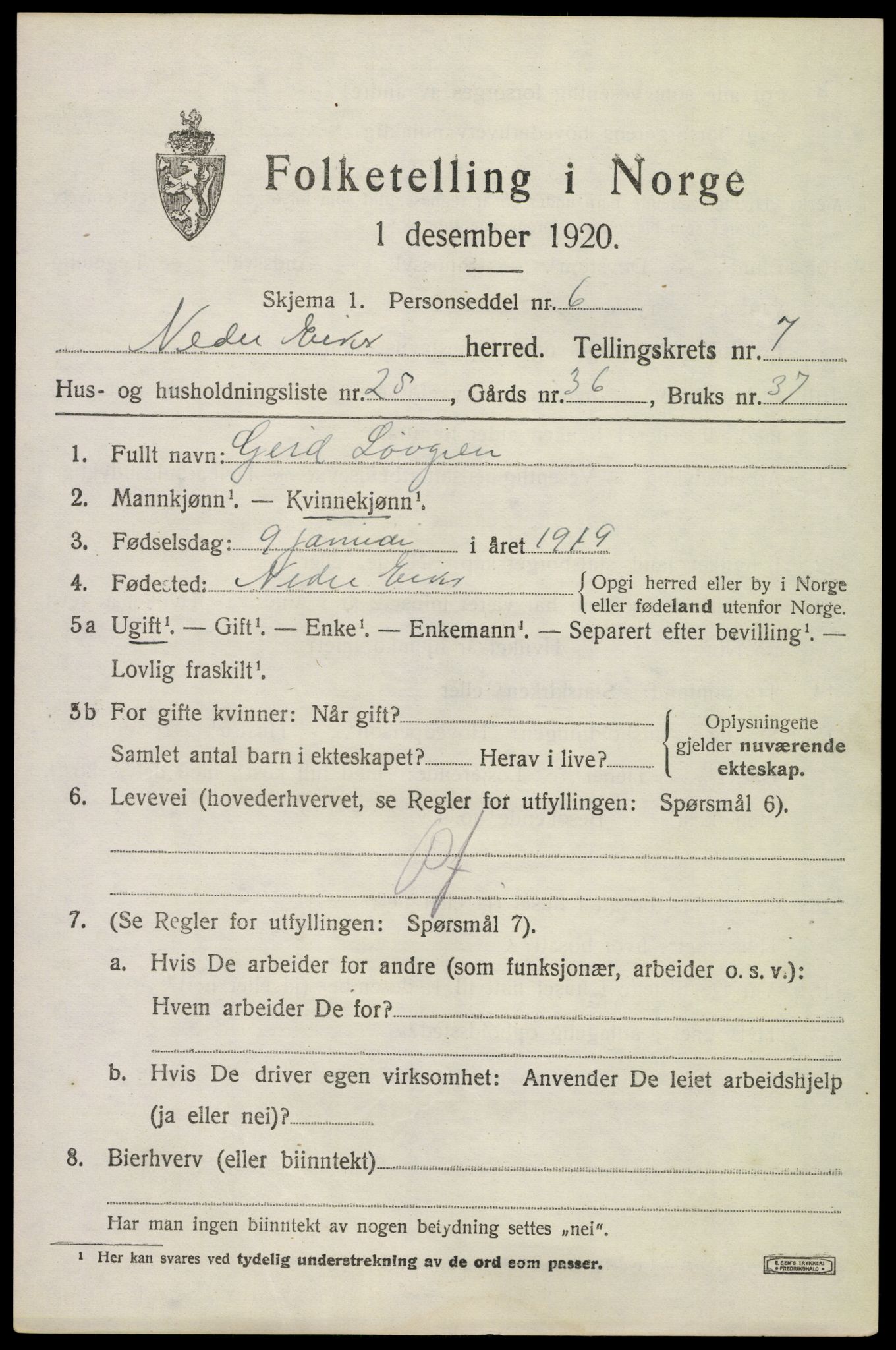 SAKO, 1920 census for Nedre Eiker, 1920, p. 7769