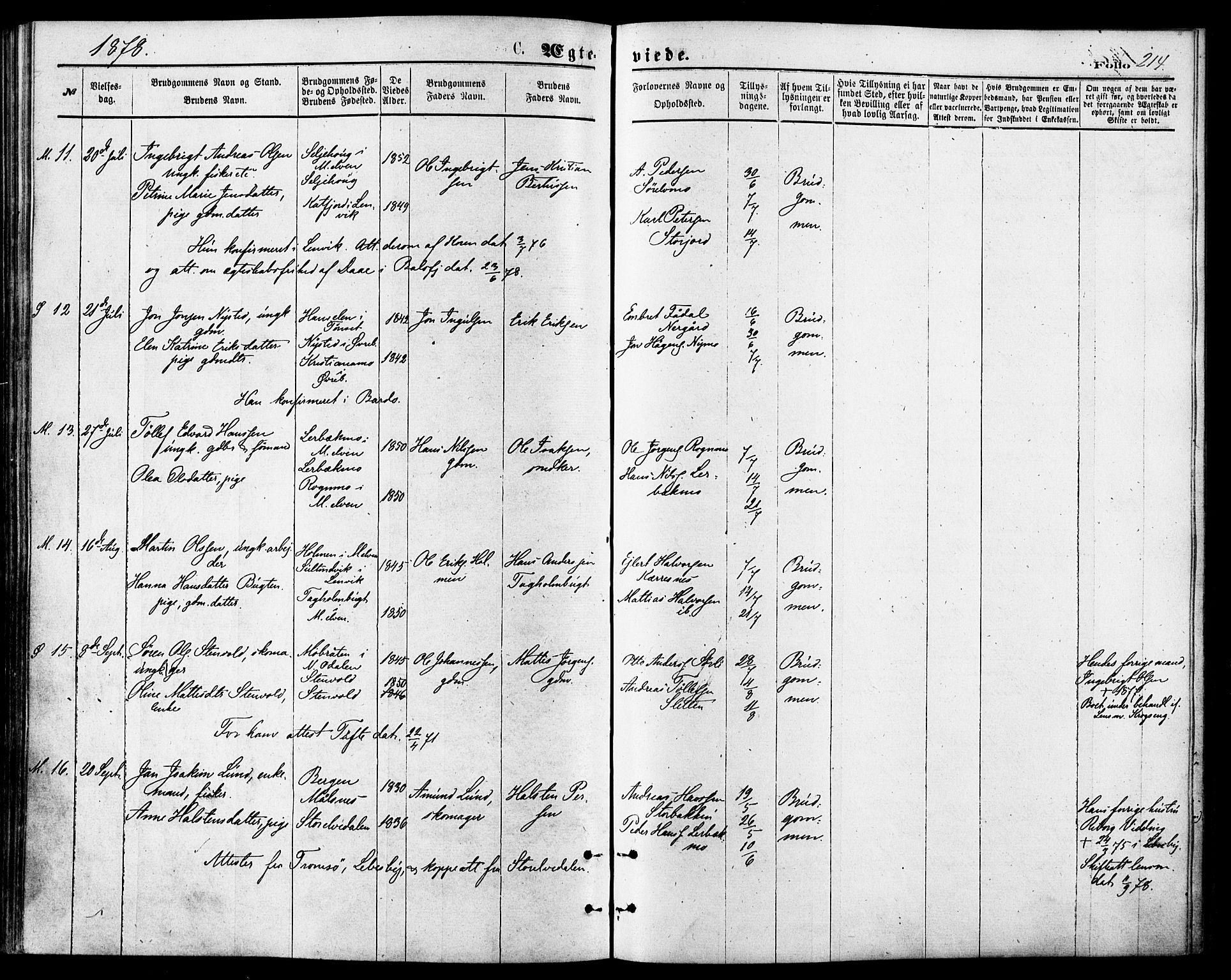 Målselv sokneprestembete, SATØ/S-1311/G/Ga/Gaa/L0005kirke: Parish register (official) no. 5, 1872-1884, p. 214