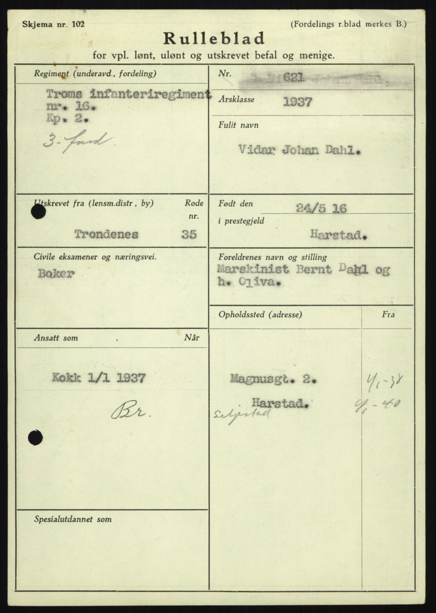 Forsvaret, Troms infanteriregiment nr. 16, AV/RA-RAFA-3146/P/Pa/L0021: Rulleblad for regimentets menige mannskaper, årsklasse 1937, 1937, p. 123