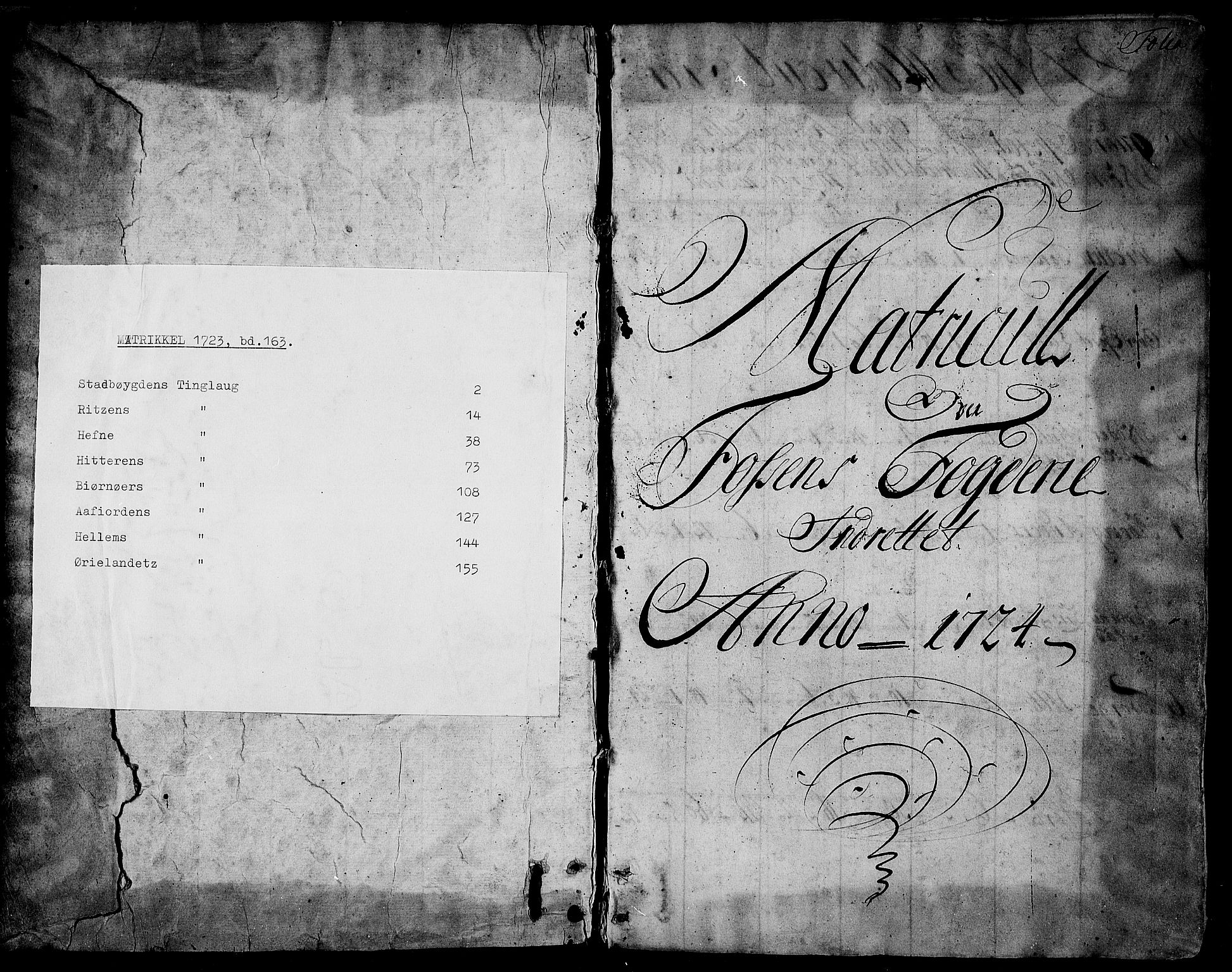 Rentekammeret inntil 1814, Realistisk ordnet avdeling, RA/EA-4070/N/Nb/Nbf/L0163: Fosen matrikkelprotokoll, 1723, p. 1