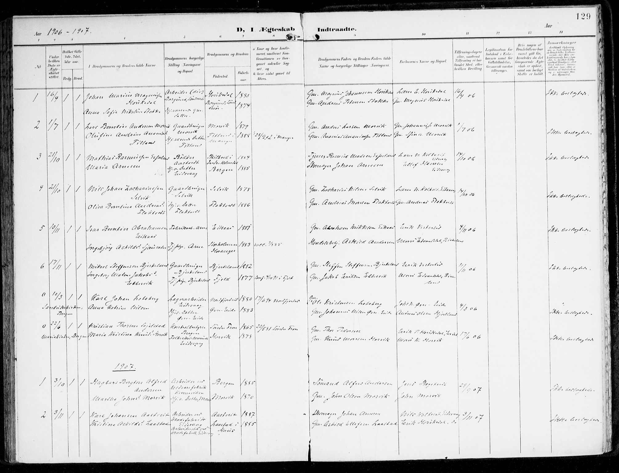 Hamre sokneprestembete, SAB/A-75501/H/Ha/Haa/Haad/L0002: Parish register (official) no. D 2, 1899-1916, p. 129