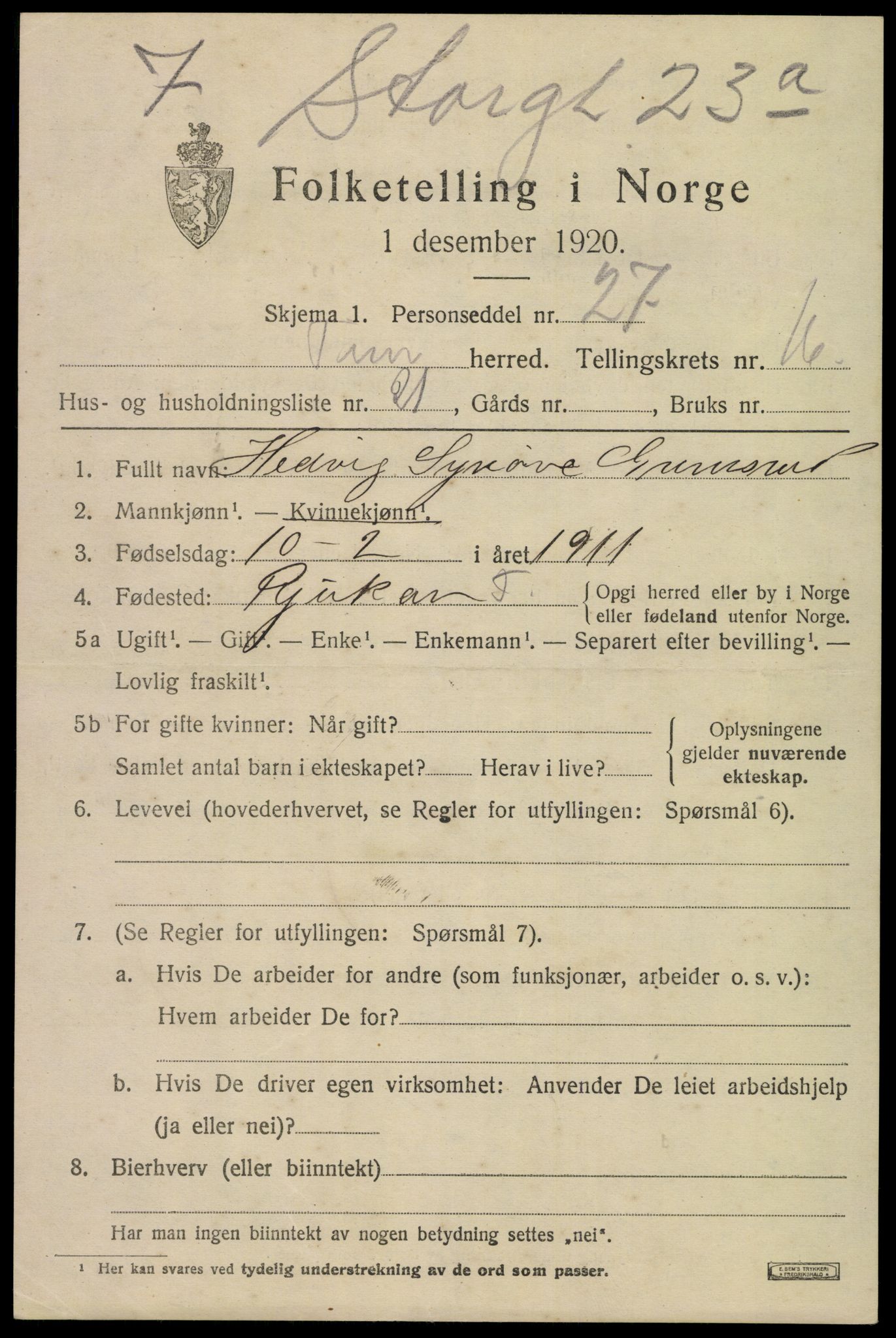 SAKO, 1920 census for Tinn, 1920, p. 16718