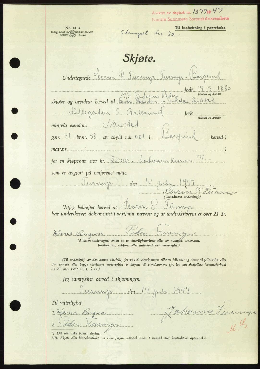 Nordre Sunnmøre sorenskriveri, AV/SAT-A-0006/1/2/2C/2Ca: Mortgage book no. A25, 1947-1947, Diary no: : 1377/1947