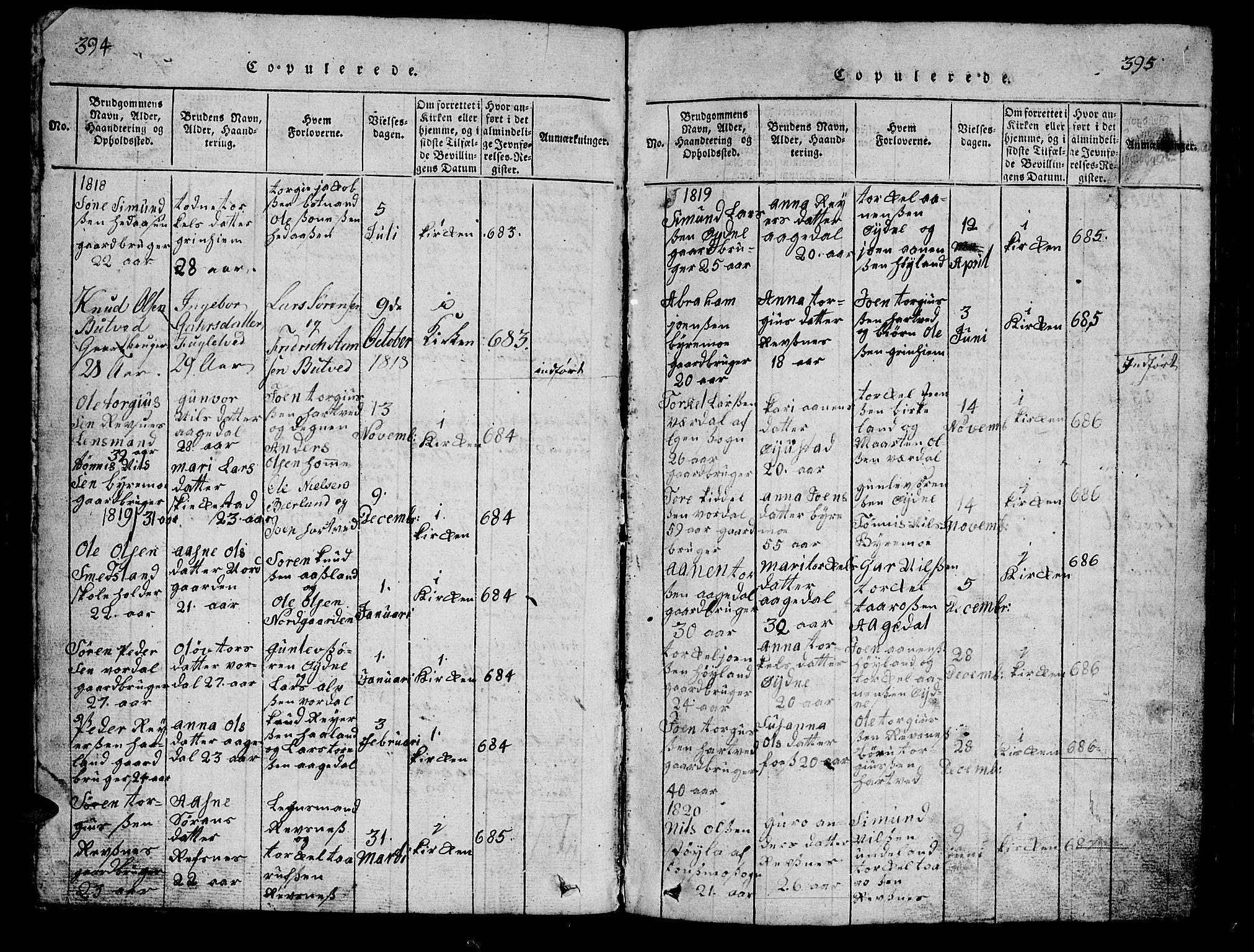 Bjelland sokneprestkontor, SAK/1111-0005/F/Fb/Fbc/L0001: Parish register (copy) no. B 1, 1815-1870, p. 394-395