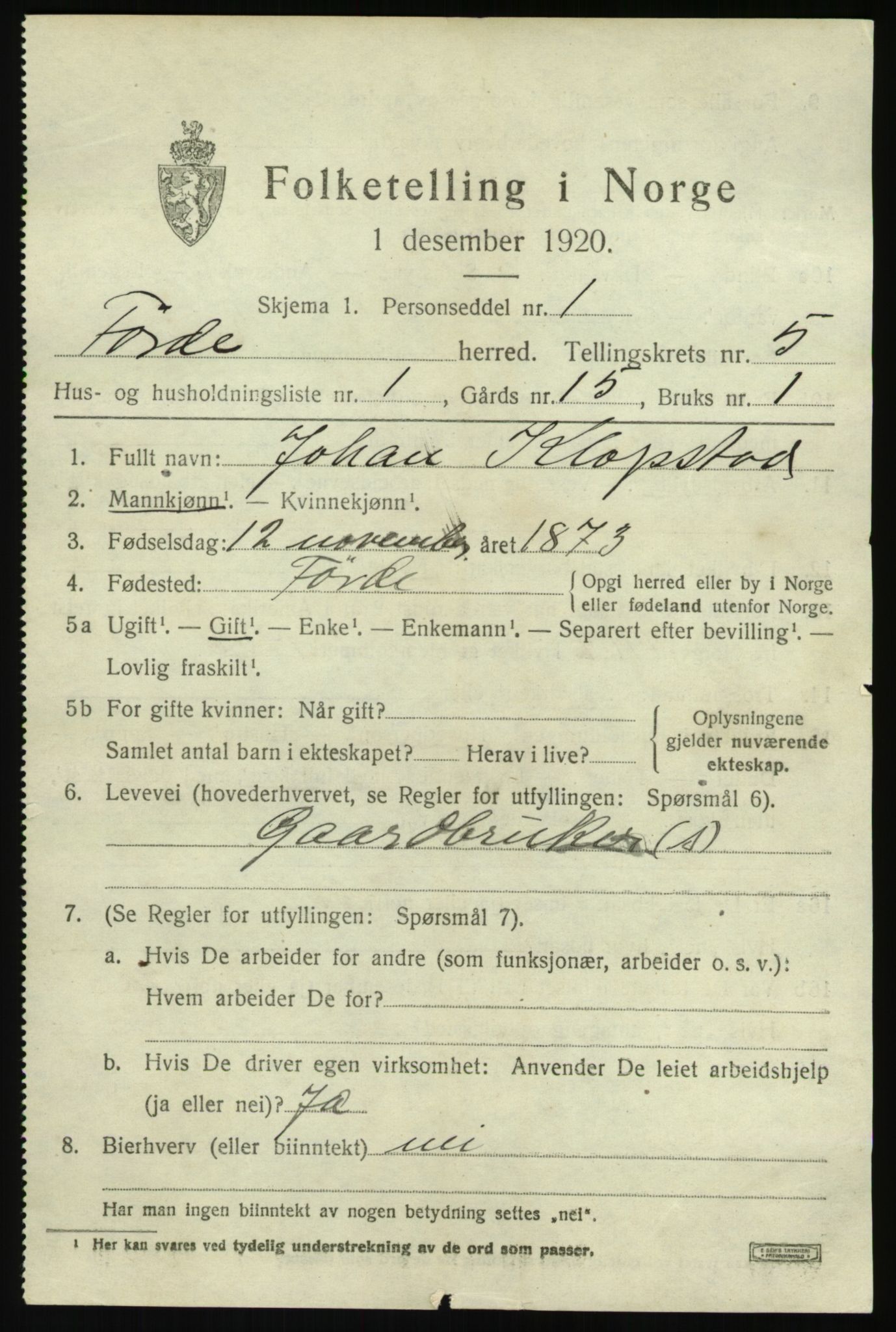 SAB, 1920 census for Førde, 1920, p. 2076