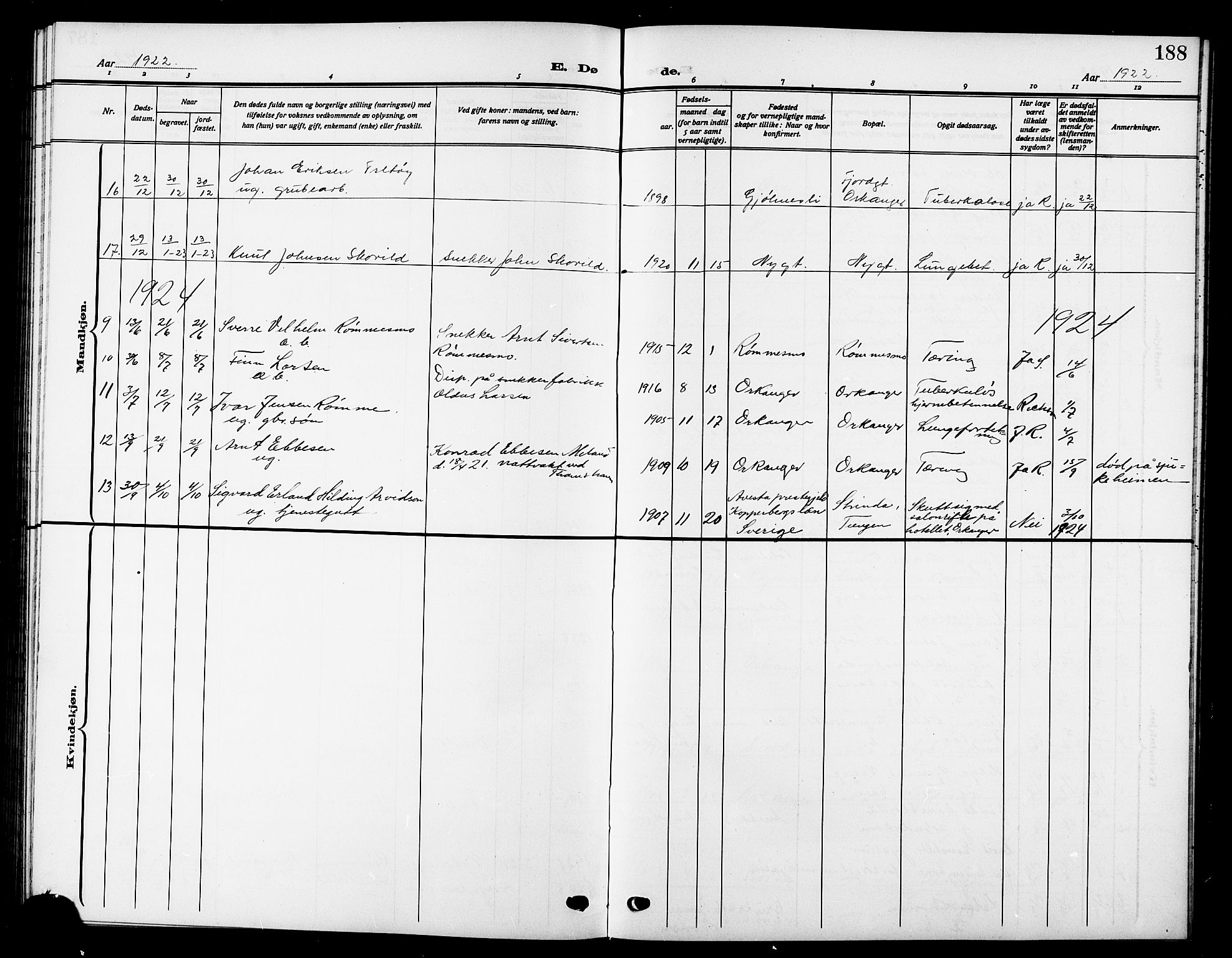 Ministerialprotokoller, klokkerbøker og fødselsregistre - Sør-Trøndelag, SAT/A-1456/669/L0831: Parish register (copy) no. 669C01, 1909-1924, p. 188