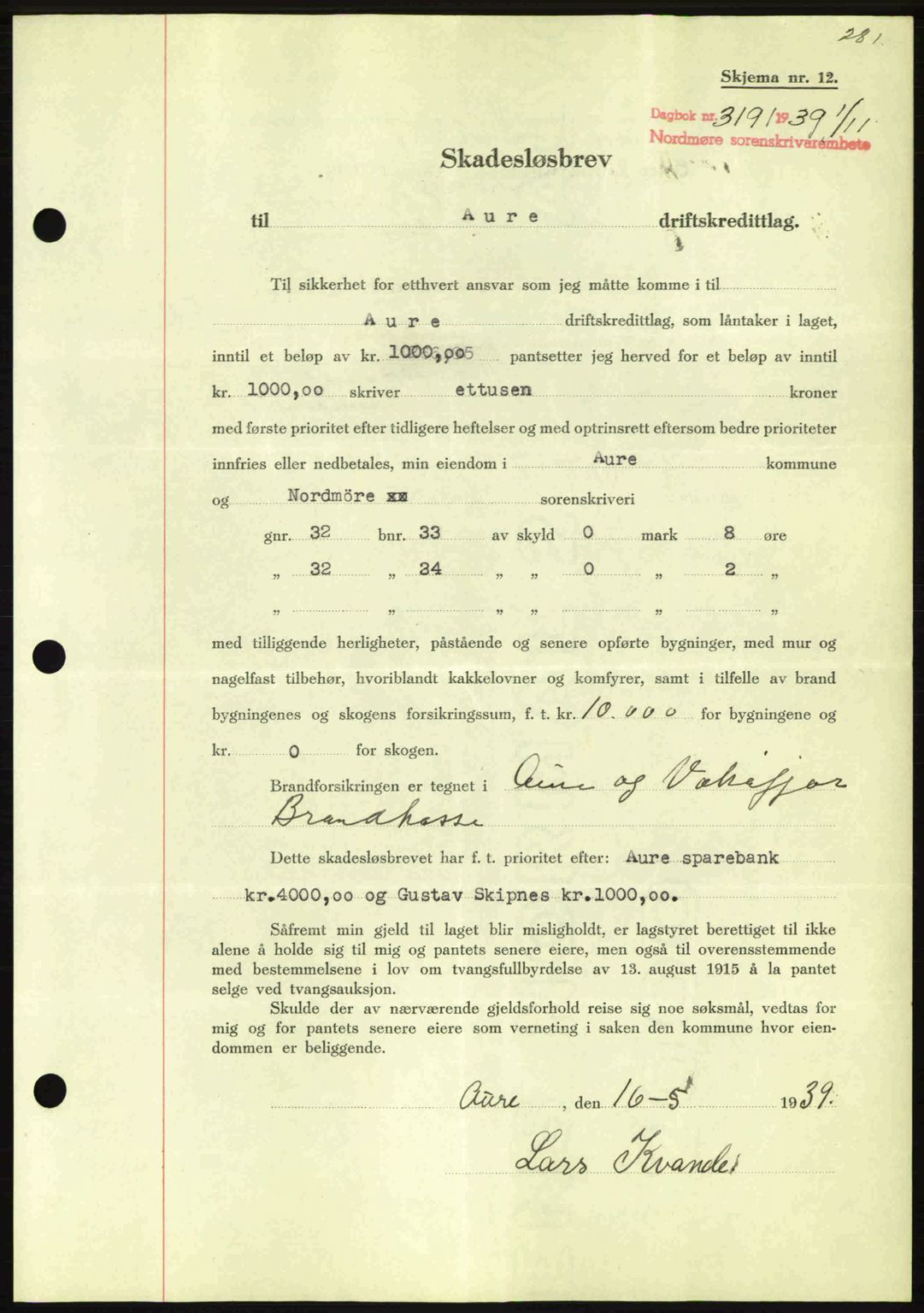 Nordmøre sorenskriveri, AV/SAT-A-4132/1/2/2Ca: Mortgage book no. B86, 1939-1940, Diary no: : 3191/1939