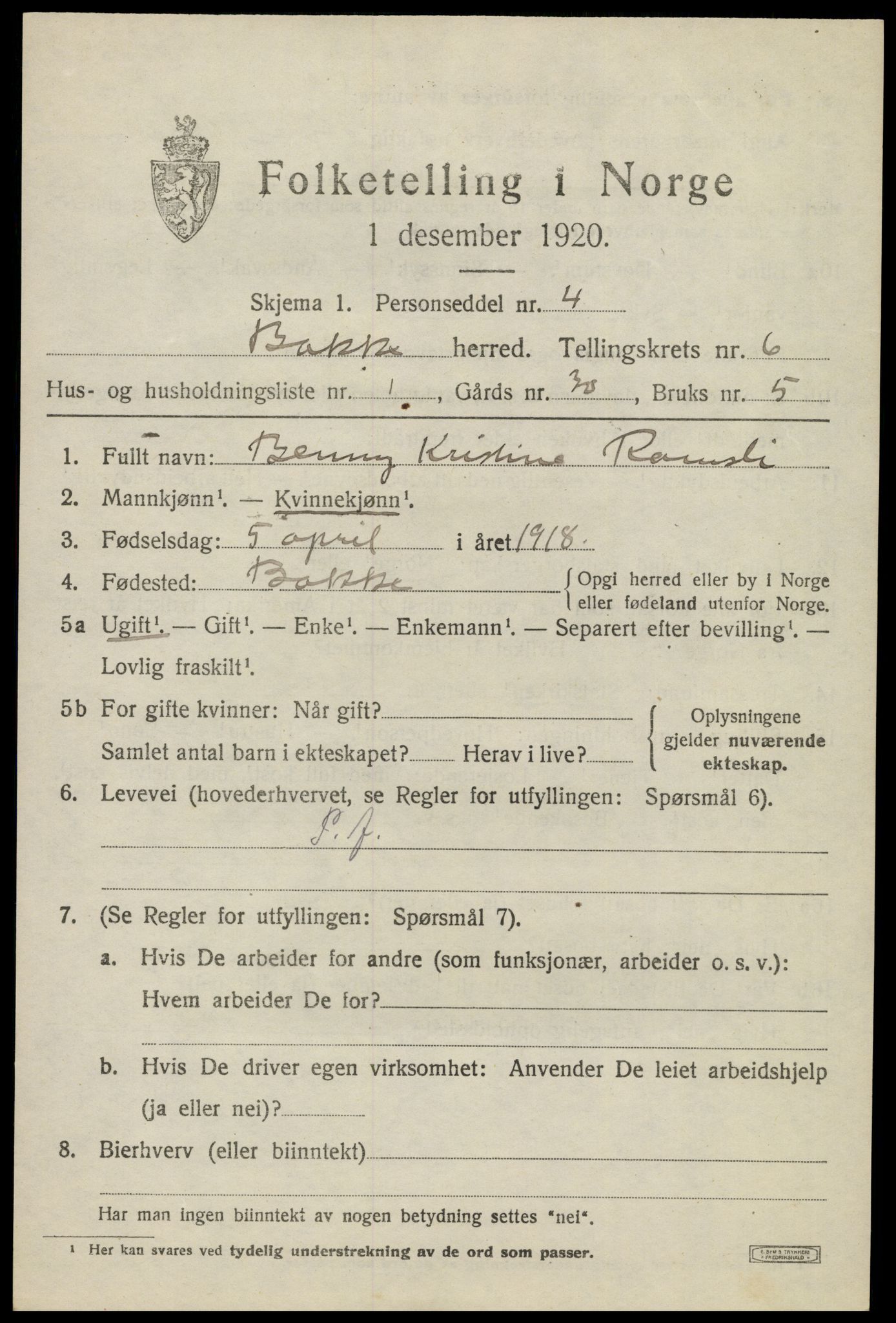 SAK, 1920 census for Bakke, 1920, p. 1820