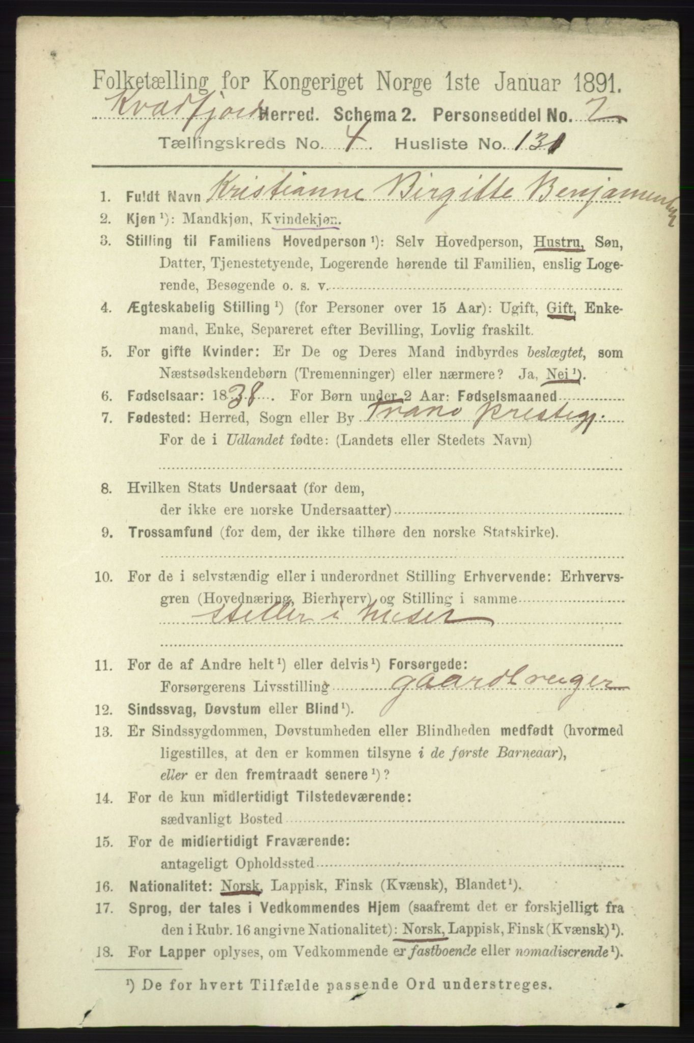 RA, 1891 census for 1911 Kvæfjord, 1891, p. 2724