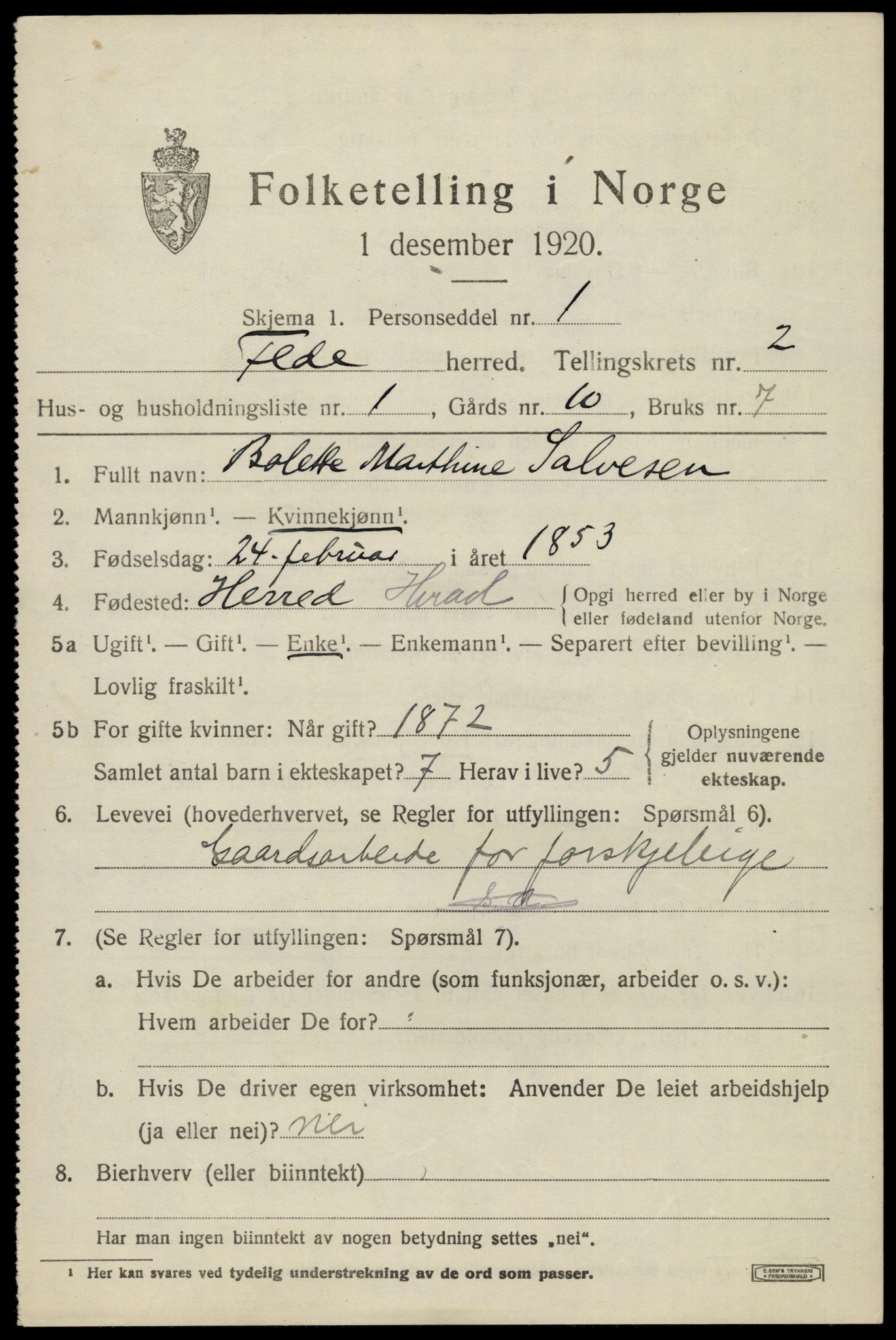 SAK, 1920 census for Feda, 1920, p. 943