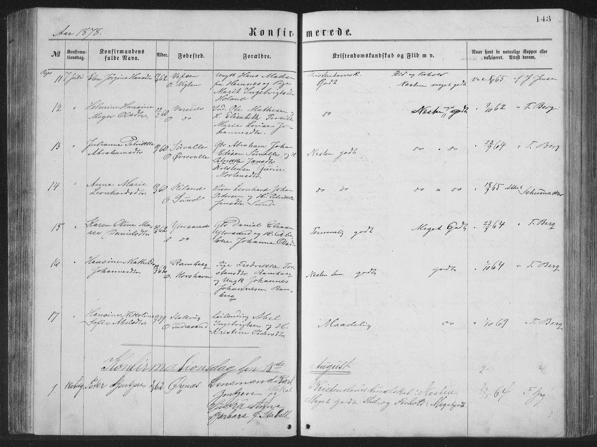 Ministerialprotokoller, klokkerbøker og fødselsregistre - Nordland, SAT/A-1459/885/L1213: Parish register (copy) no. 885C02, 1874-1892, p. 143