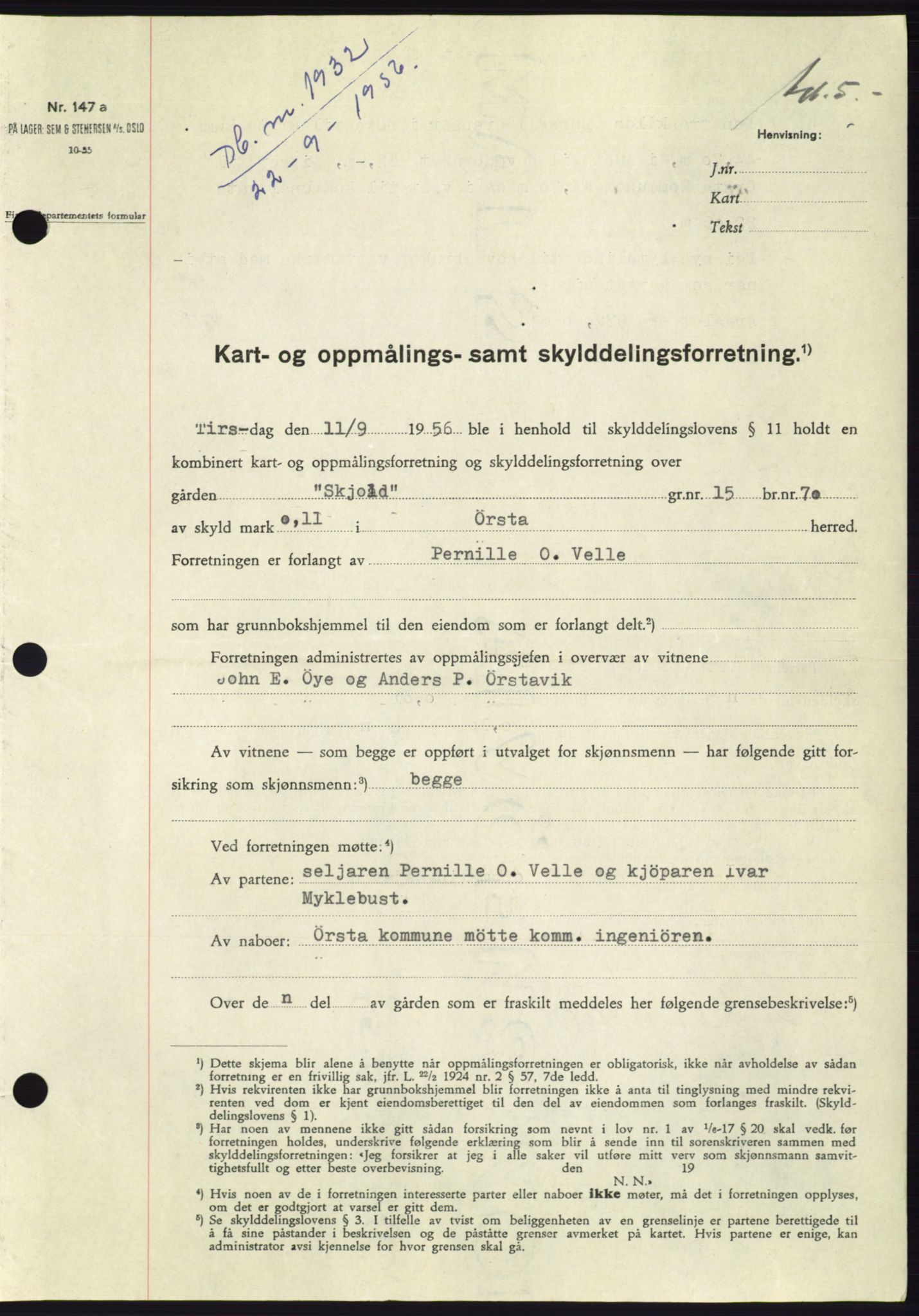 Søre Sunnmøre sorenskriveri, AV/SAT-A-4122/1/2/2C/L0104: Mortgage book no. 30A, 1956-1956, Diary no: : 1932/1956