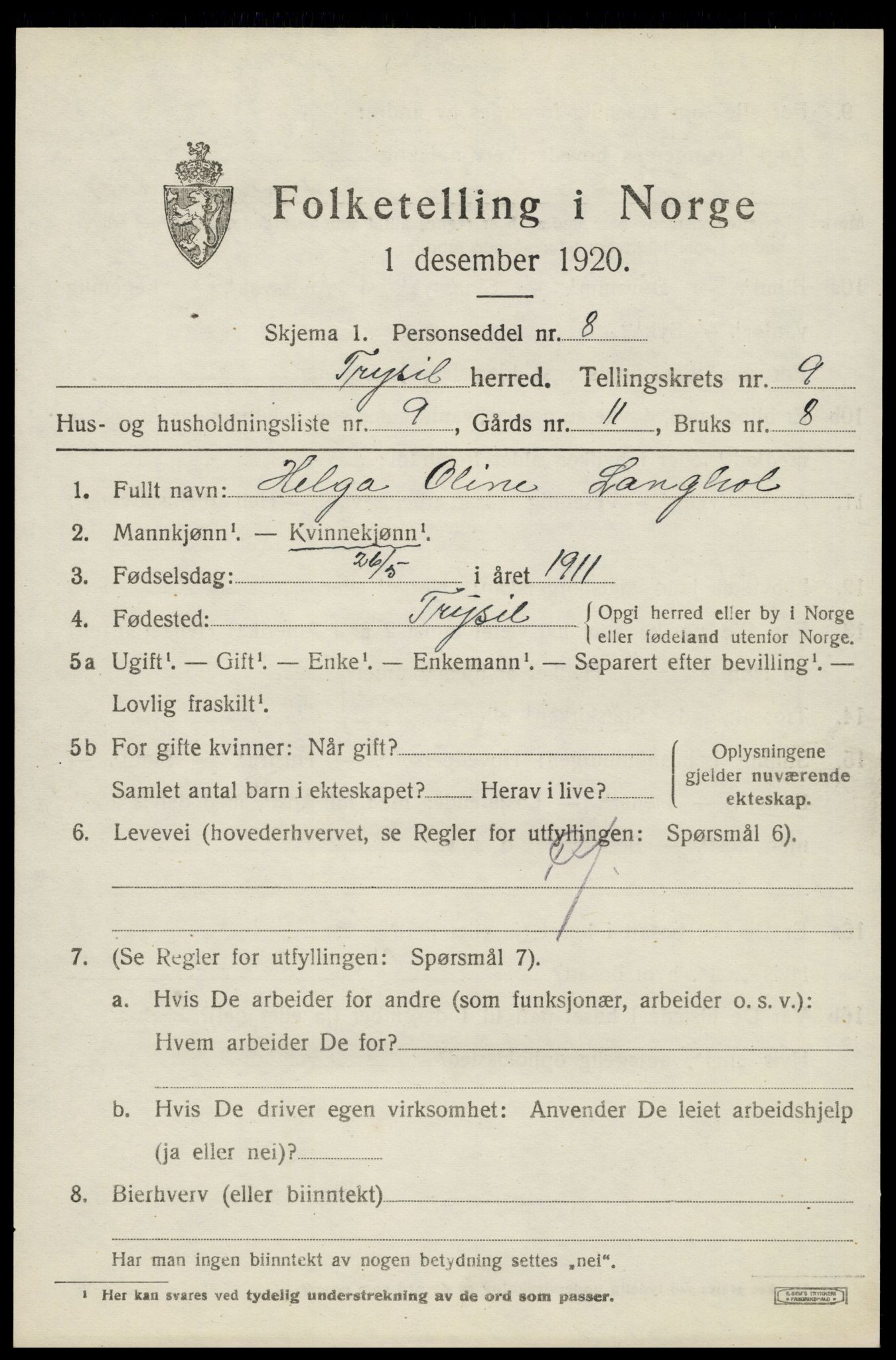 SAH, 1920 census for Trysil, 1920, p. 6657