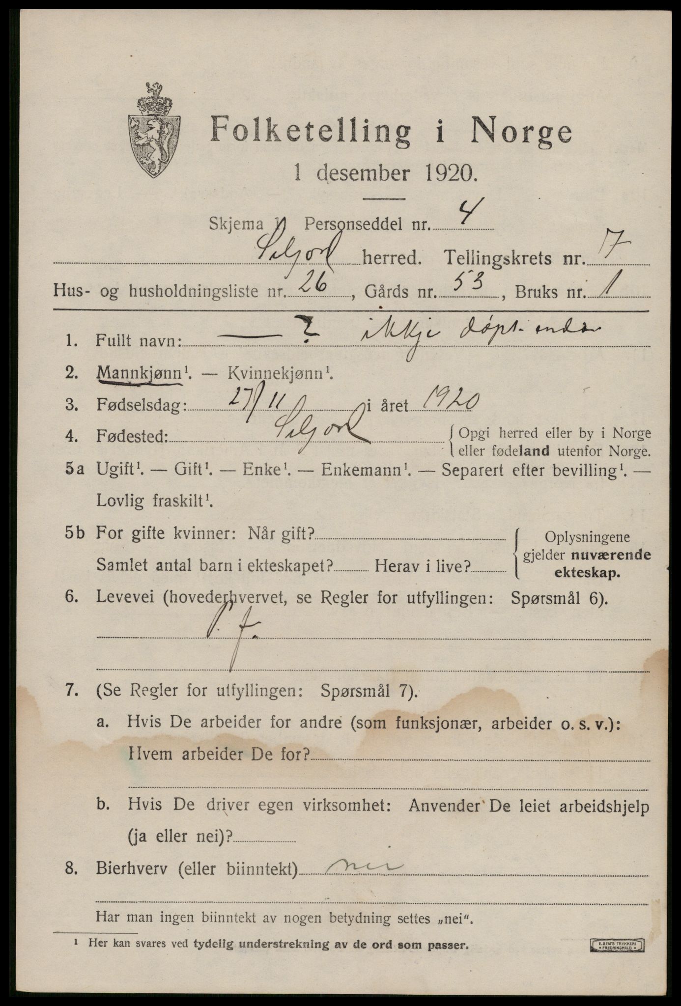 SAKO, 1920 census for Seljord, 1920, p. 3884