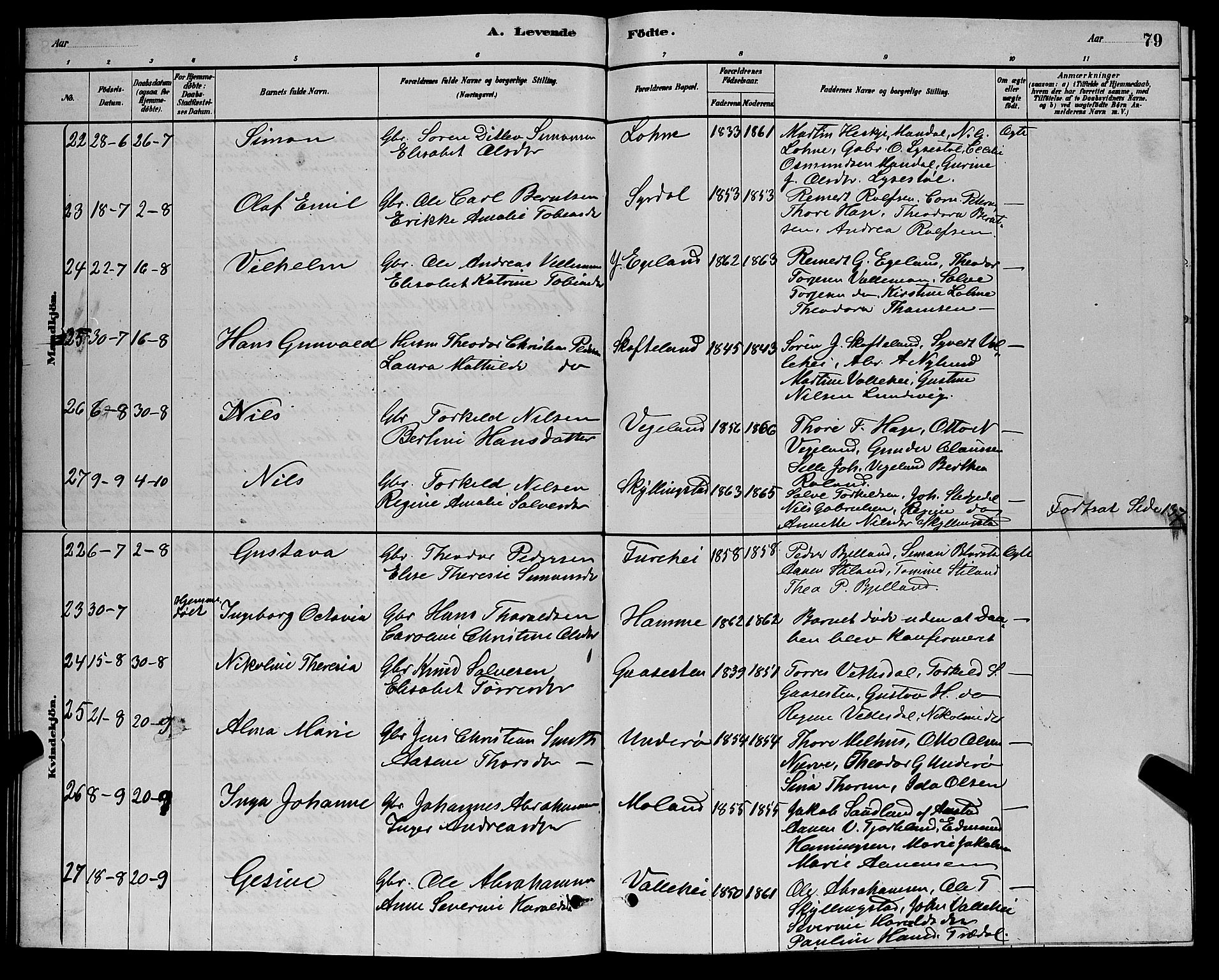 Sør-Audnedal sokneprestkontor, AV/SAK-1111-0039/F/Fb/Fbb/L0005: Parish register (copy) no. B 5, 1880-1892, p. 79