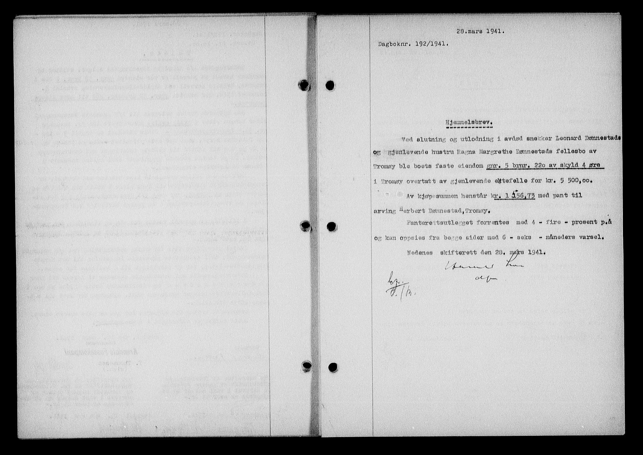 Nedenes sorenskriveri, SAK/1221-0006/G/Gb/Gba/L0048: Mortgage book no. A-II, 1940-1941, Diary no: : 192/1941