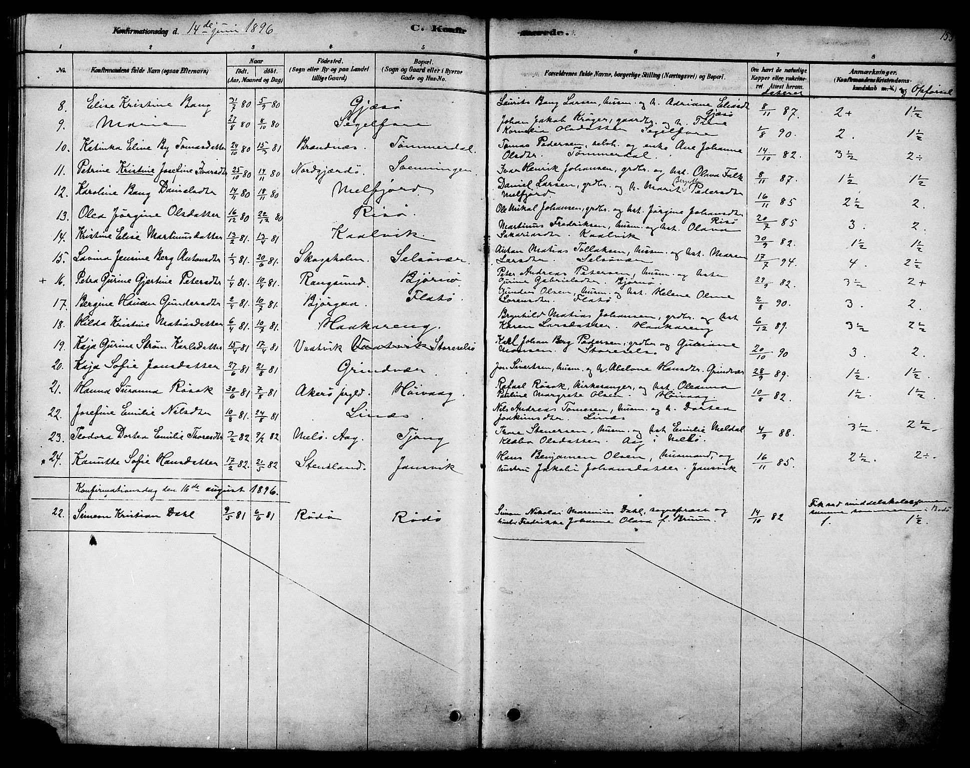 Ministerialprotokoller, klokkerbøker og fødselsregistre - Nordland, AV/SAT-A-1459/841/L0609: Parish register (official) no. 841A12, 1878-1901, p. 153