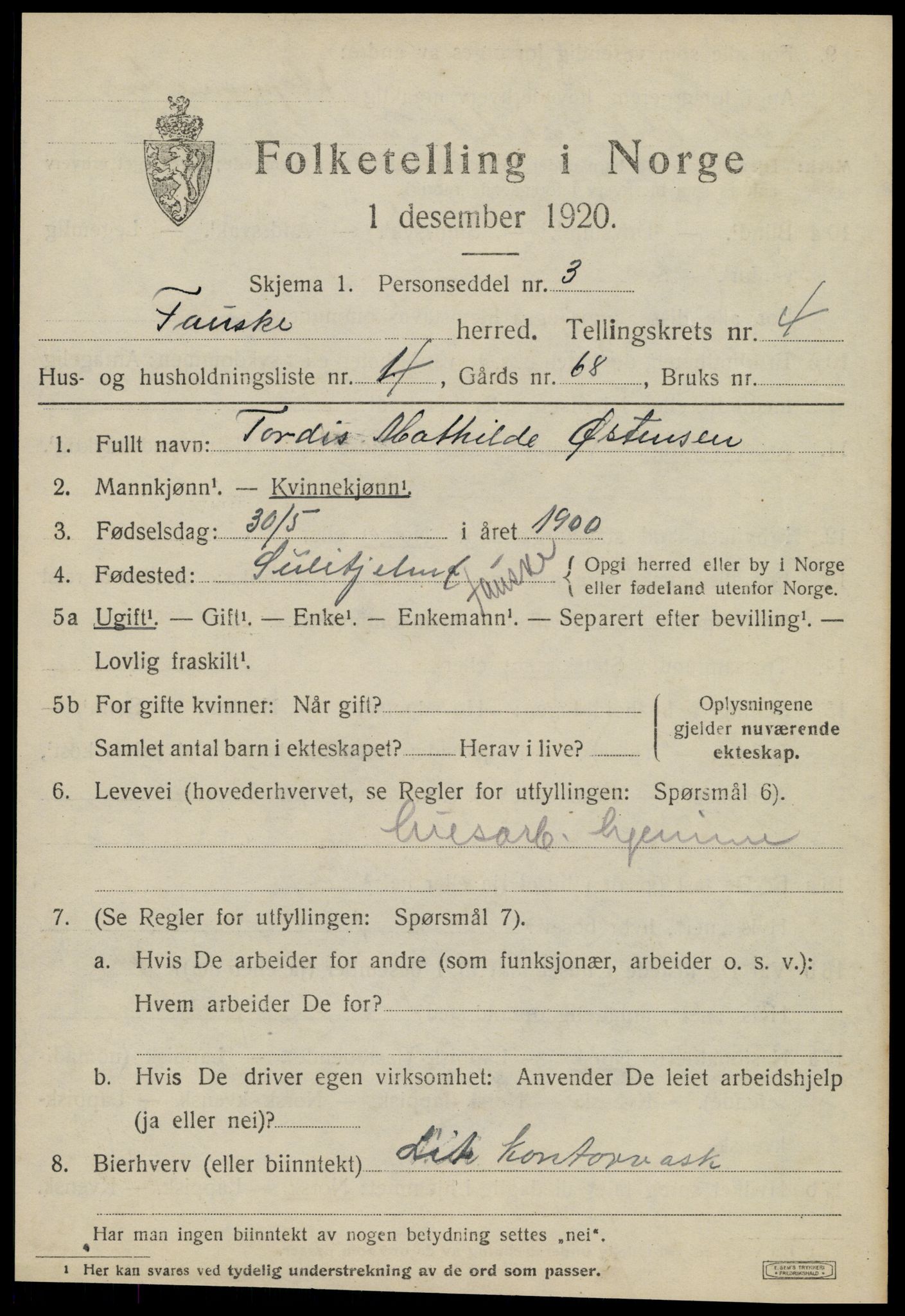 SAT, 1920 census for Fauske, 1920, p. 4180