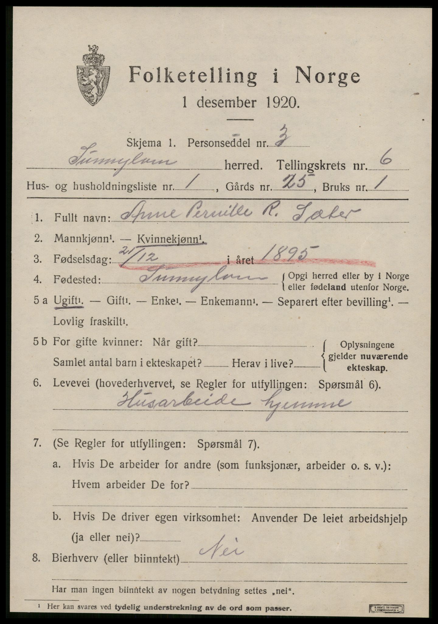 SAT, 1920 census for Sunnylven, 1920, p. 2428