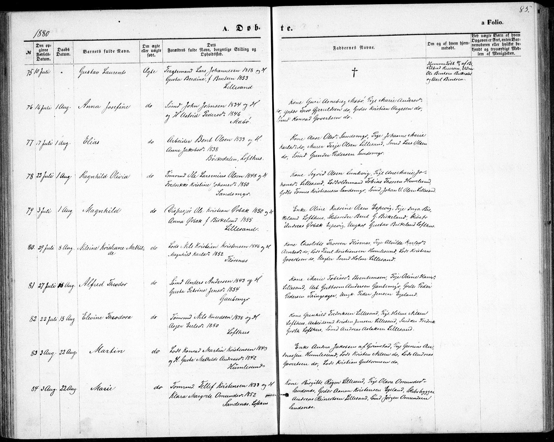 Vestre Moland sokneprestkontor, SAK/1111-0046/F/Fb/Fbb/L0005: Parish register (copy) no. B 5, 1872-1883, p. 85