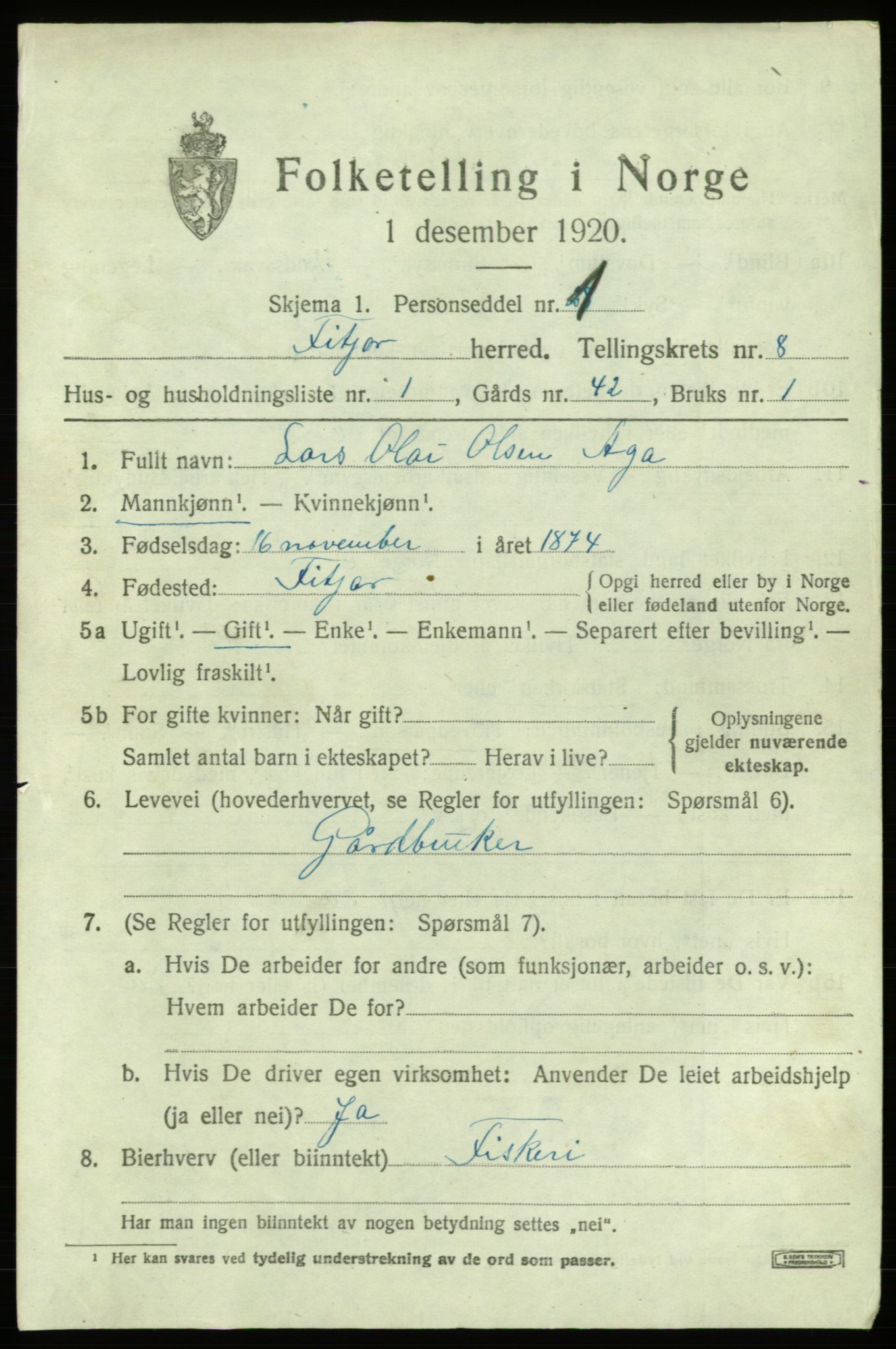 SAB, 1920 census for Fitjar, 1920, p. 3436