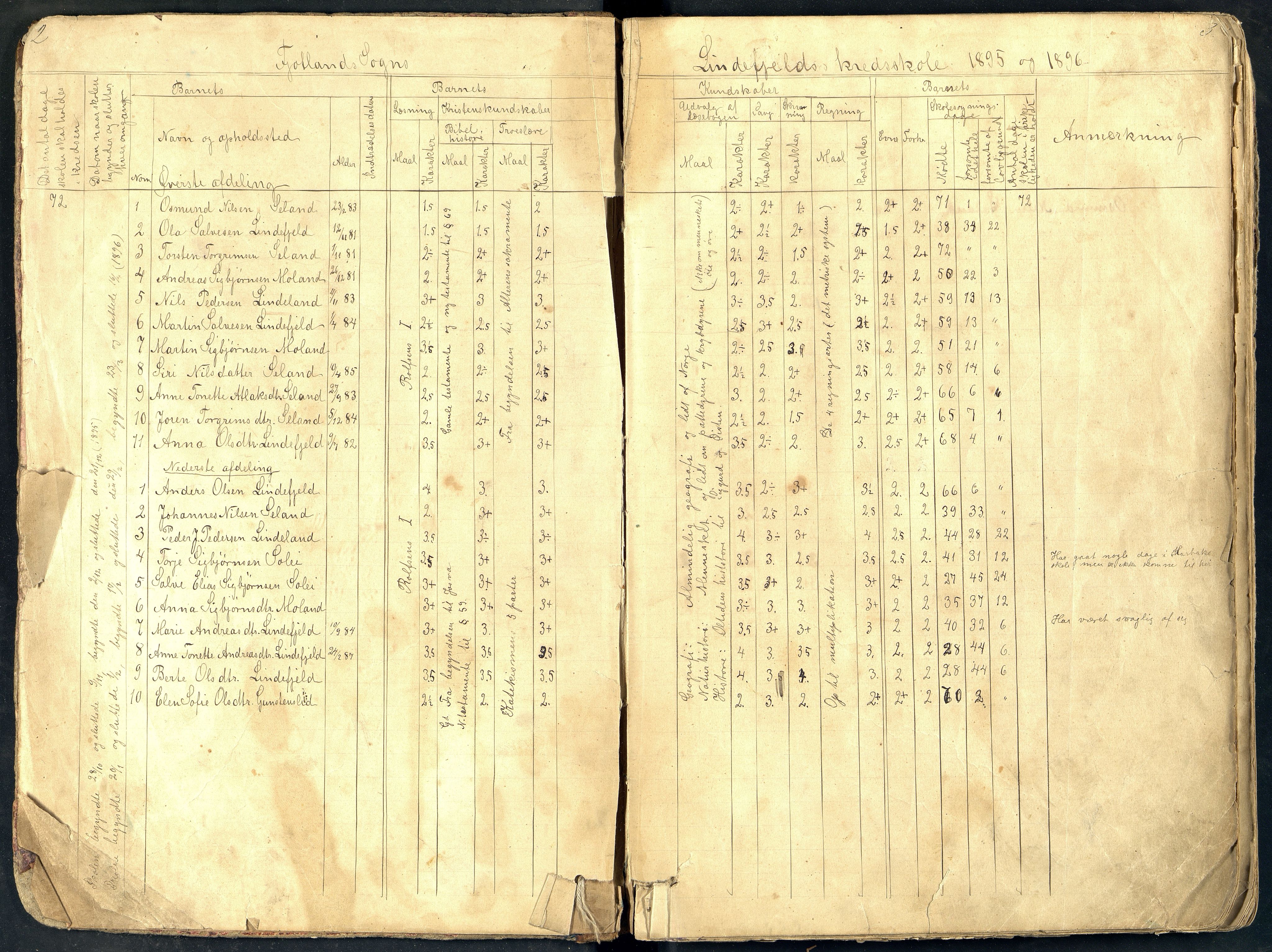 Fjotland kommune - Risnes Skole, ARKSOR/1037FJ556/H/L0003: Skoleprotokoll, også Lindefjell skole, 1895-1921