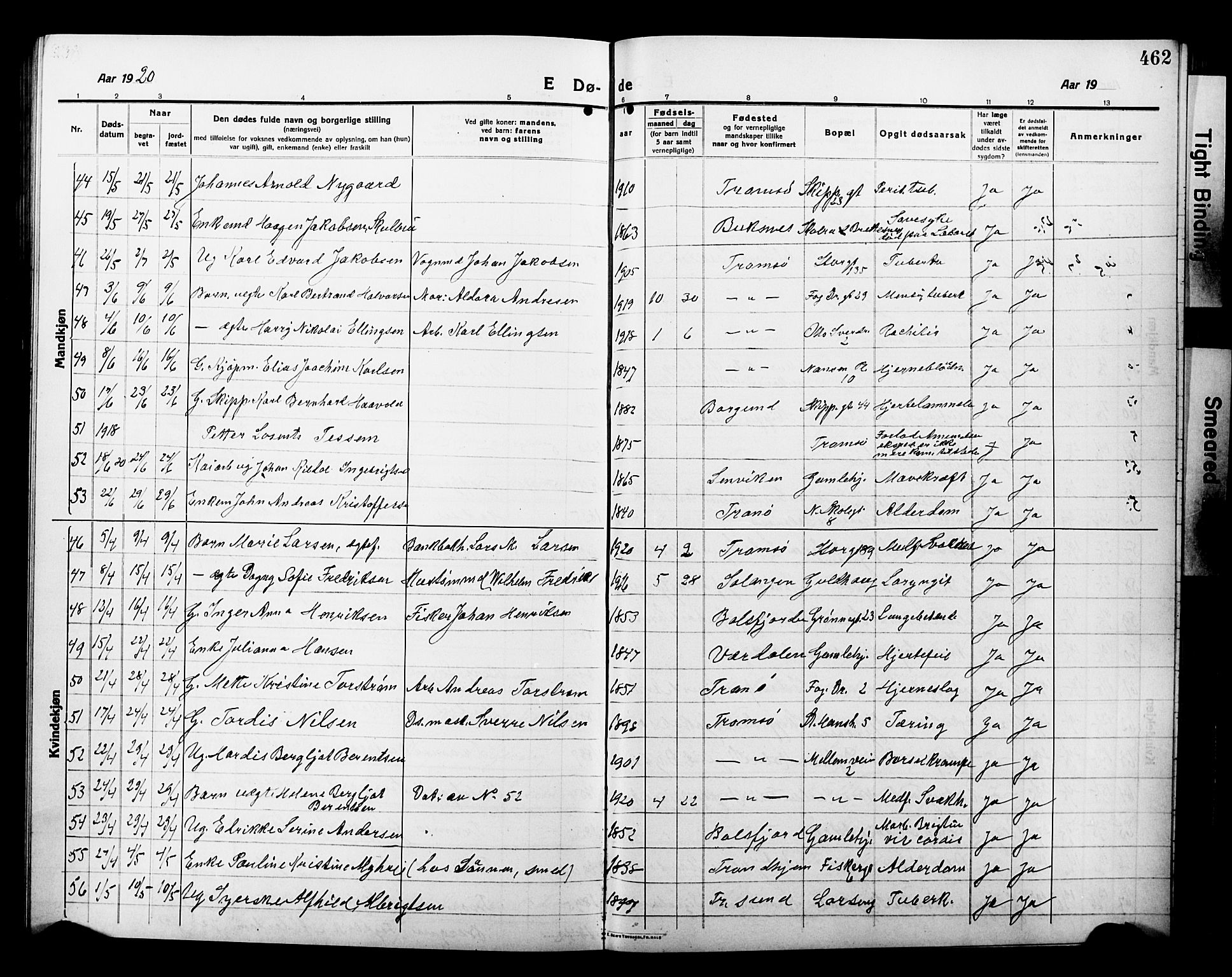 Tromsø sokneprestkontor/stiftsprosti/domprosti, SATØ/S-1343/G/Gb/L0009klokker: Parish register (copy) no. 9, 1915-1925, p. 462
