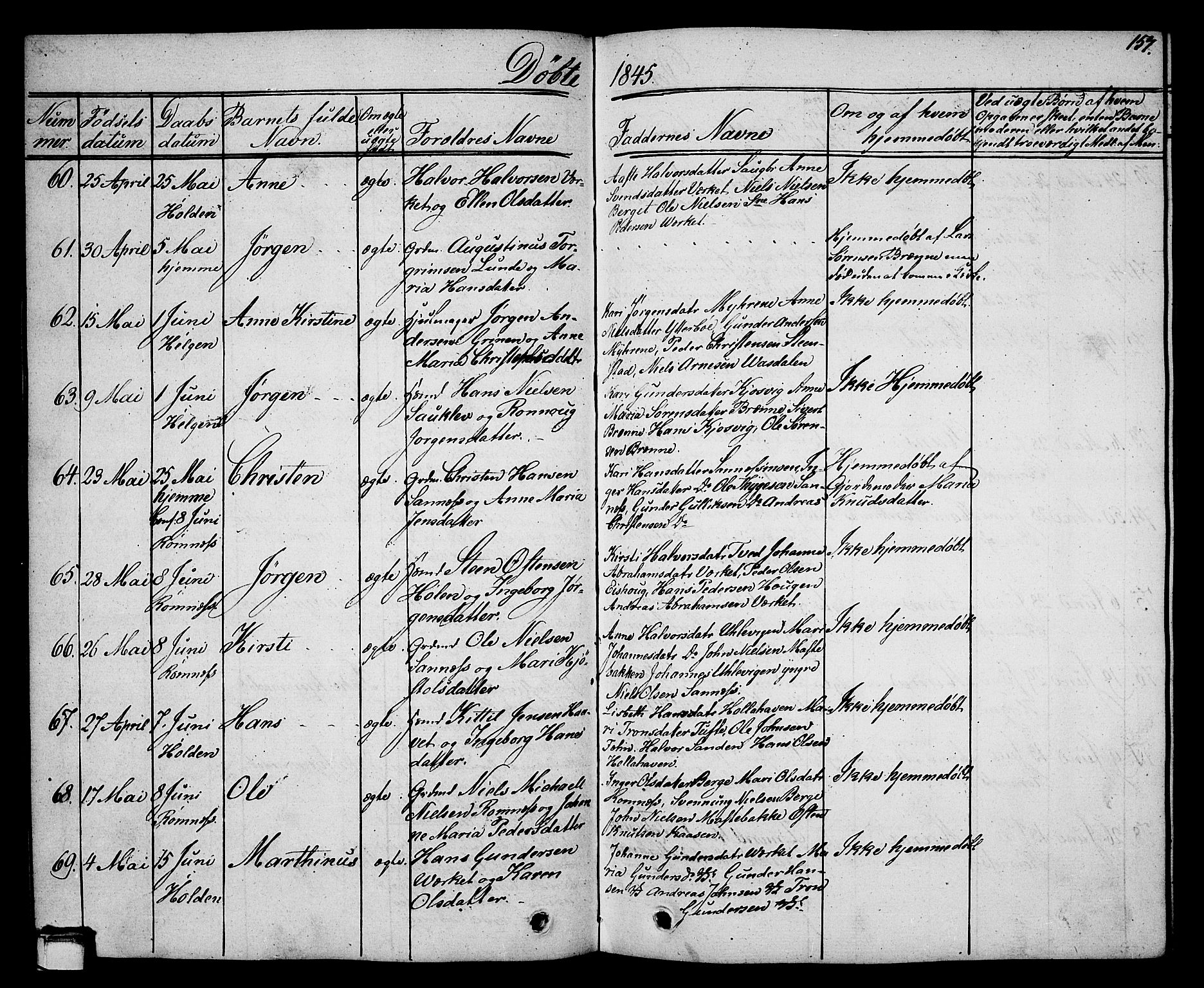 Holla kirkebøker, SAKO/A-272/G/Ga/L0002: Parish register (copy) no. I 2, 1830-1848, p. 157