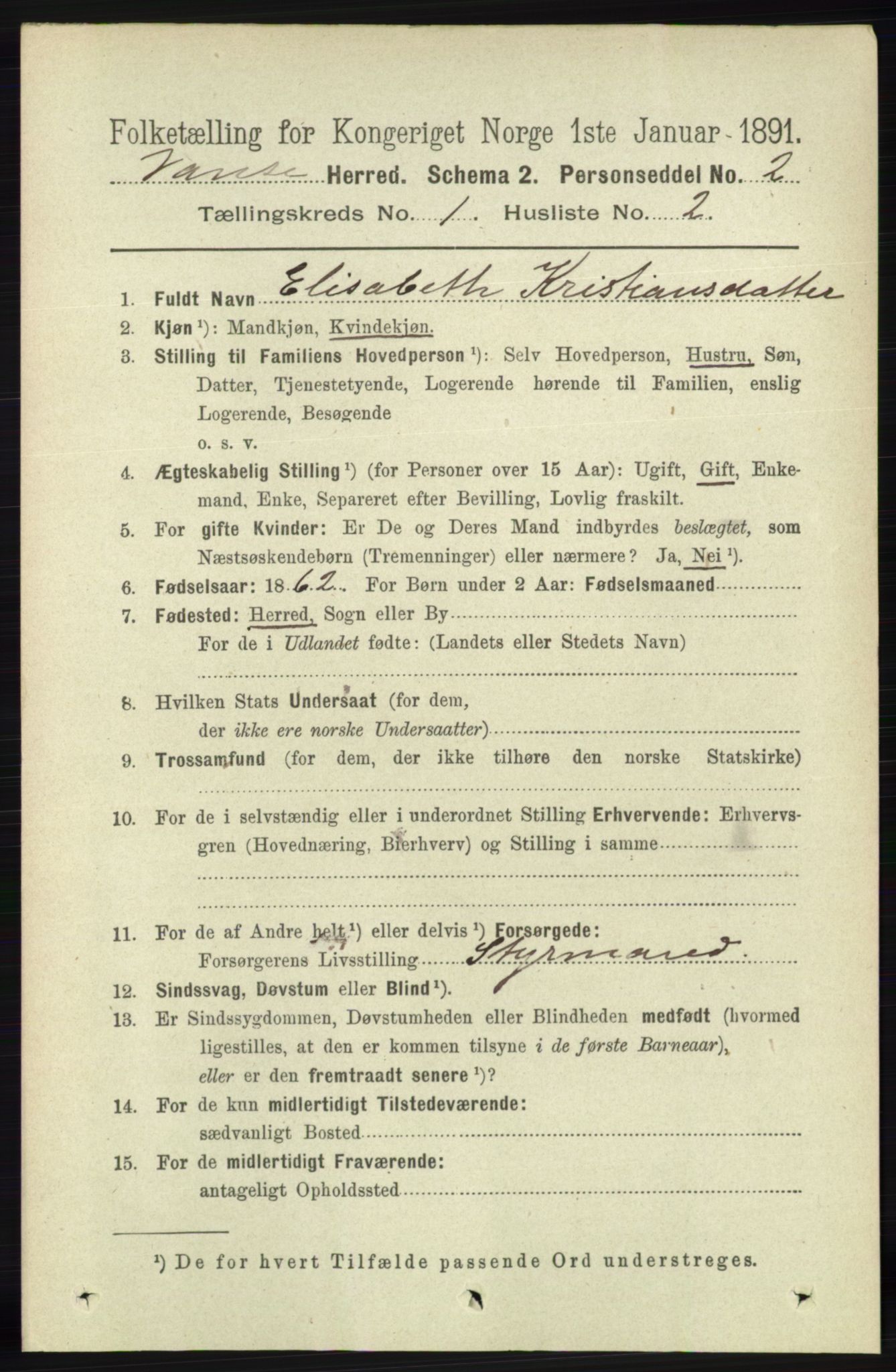 RA, 1891 census for 1041 Vanse, 1891, p. 139