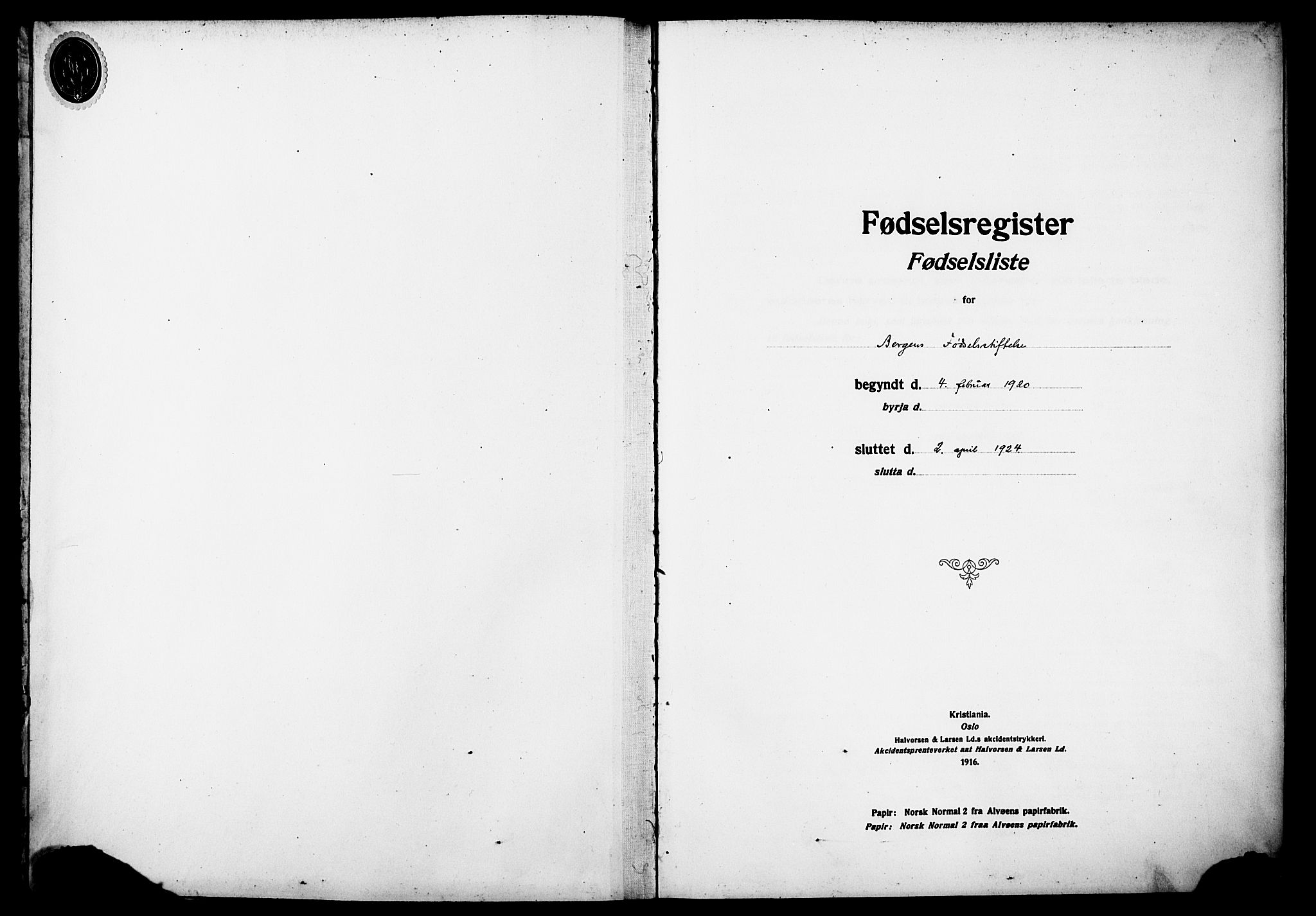 Kvinneklinikken, AV/SAB-A-76301/F/L0A02: Birth register no. A 2, 1920-1924