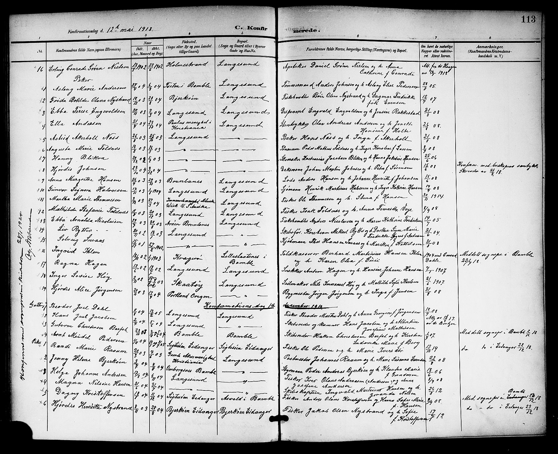 Langesund kirkebøker, SAKO/A-280/G/Ga/L0006: Parish register (copy) no. 6, 1899-1918, p. 113
