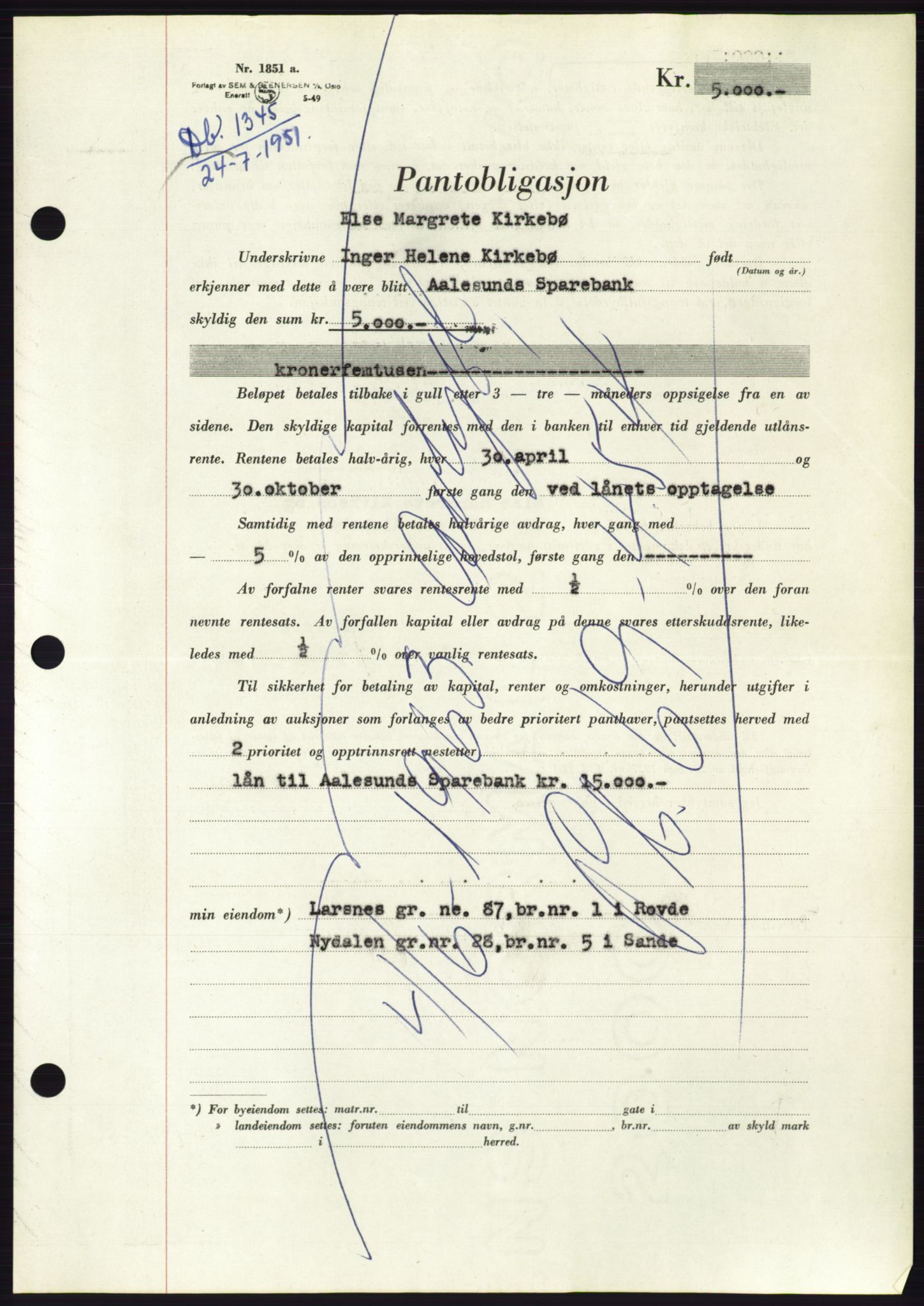 Søre Sunnmøre sorenskriveri, AV/SAT-A-4122/1/2/2C/L0120: Mortgage book no. 8B, 1951-1951, Diary no: : 1345/1951