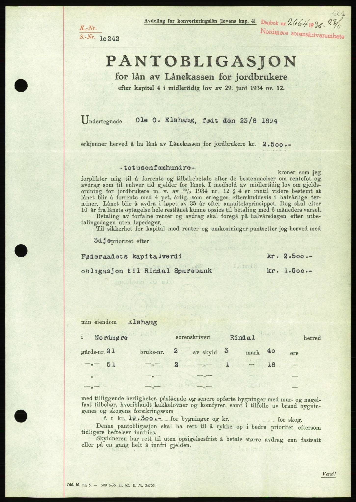 Nordmøre sorenskriveri, AV/SAT-A-4132/1/2/2Ca/L0090: Mortgage book no. B80, 1936-1937, Diary no: : 2664/1936